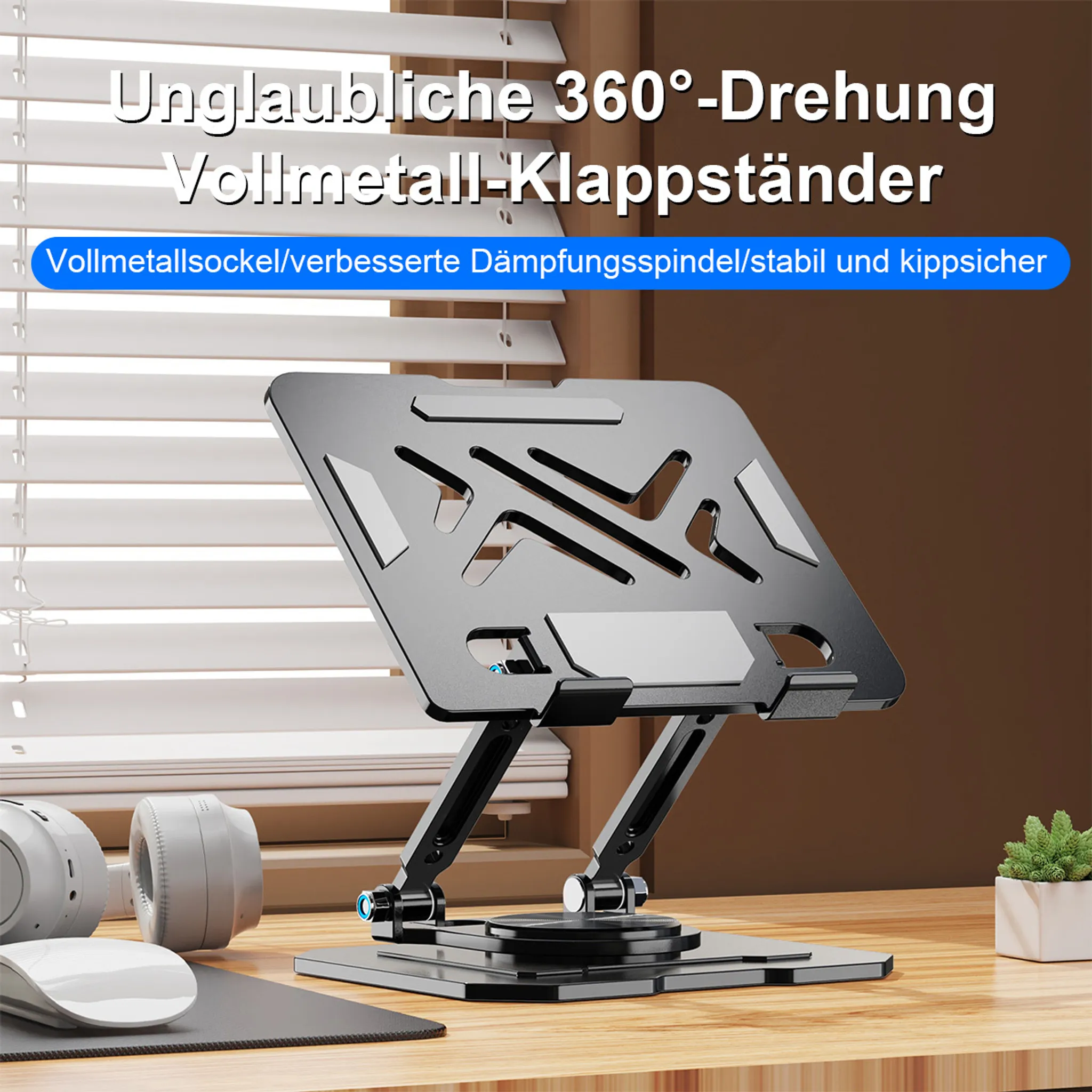 Schwarzer Laptop-Ständer mit Text auf Deutsch. Ein Laptop ist darauf platziert.