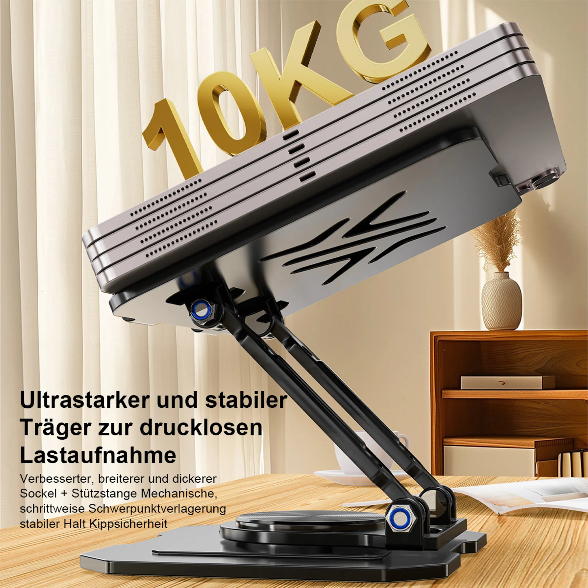 Ein Laptopständer, der einen Laptop hält. Goldener Text: 10KG. Text auf Deutsch.