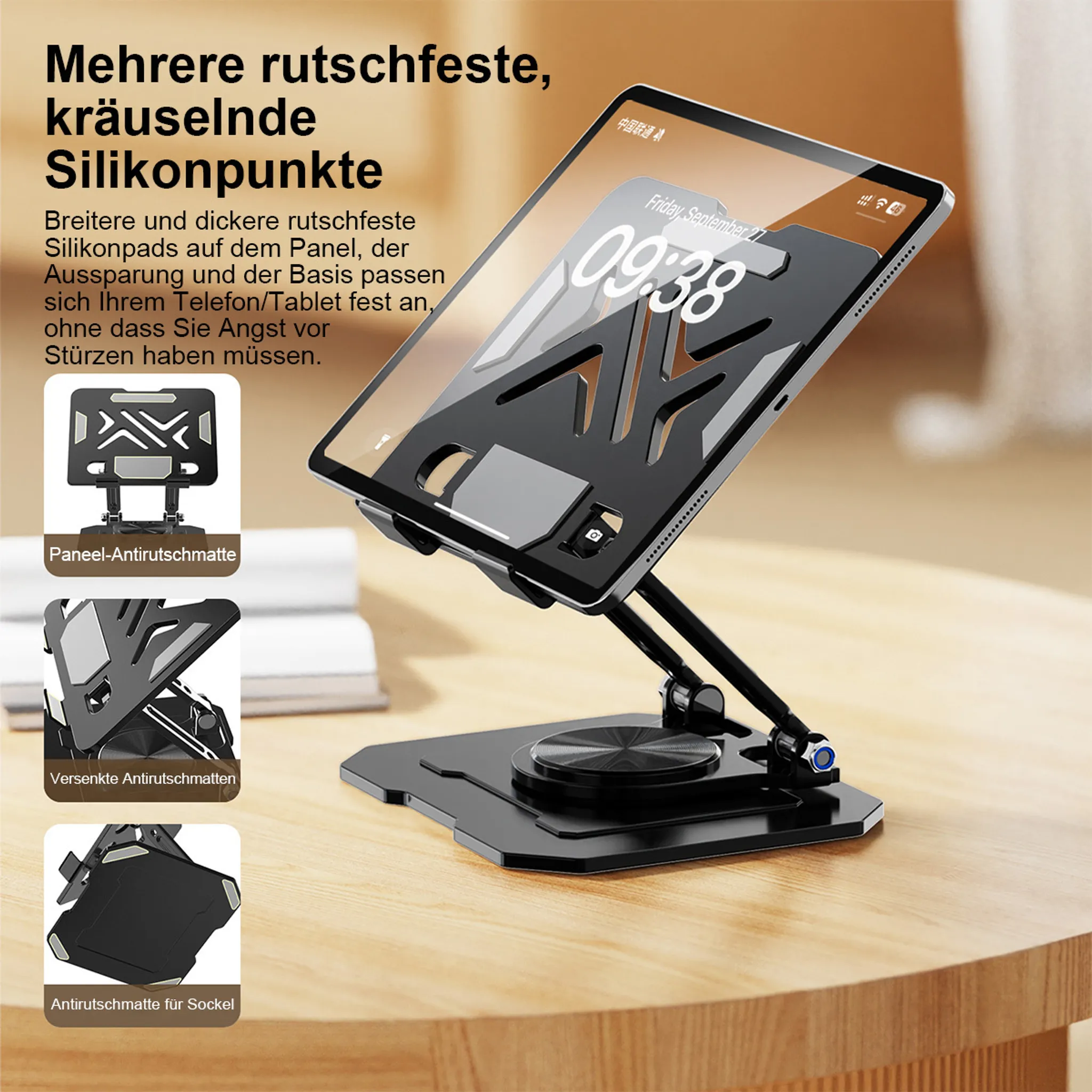Ein Tablet auf einem Ständer, mit einem Telefon ebenfalls auf dem Ständer. Text auf Deutsch.