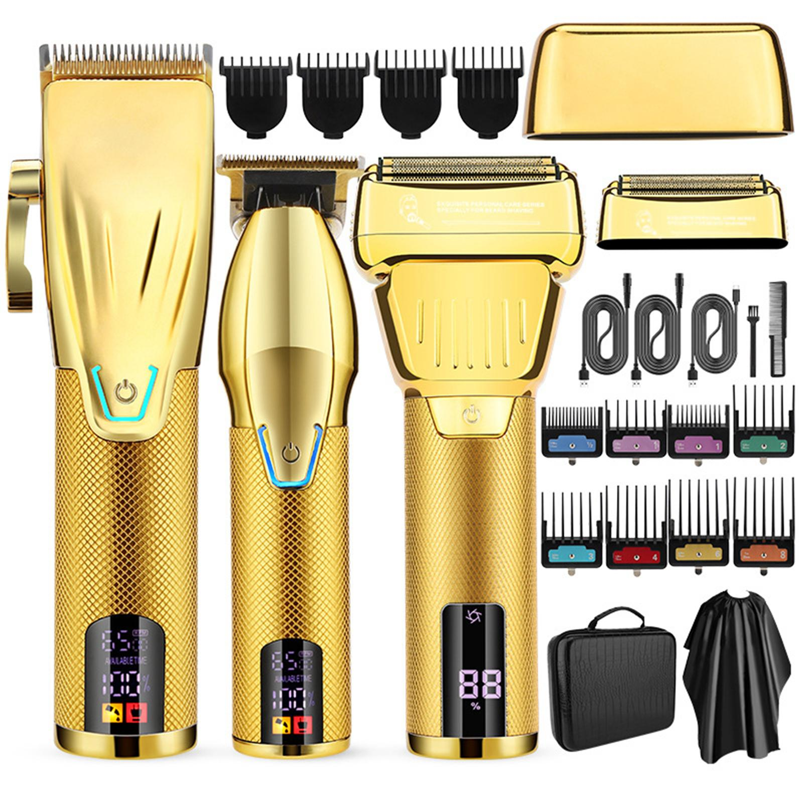 Goldene Haarschneidemaschinen und Zubehör. Das Set enthält Haarschneidemaschinen, Trimmer, Kämme und eine schwarze Aufbewahrungstasche.