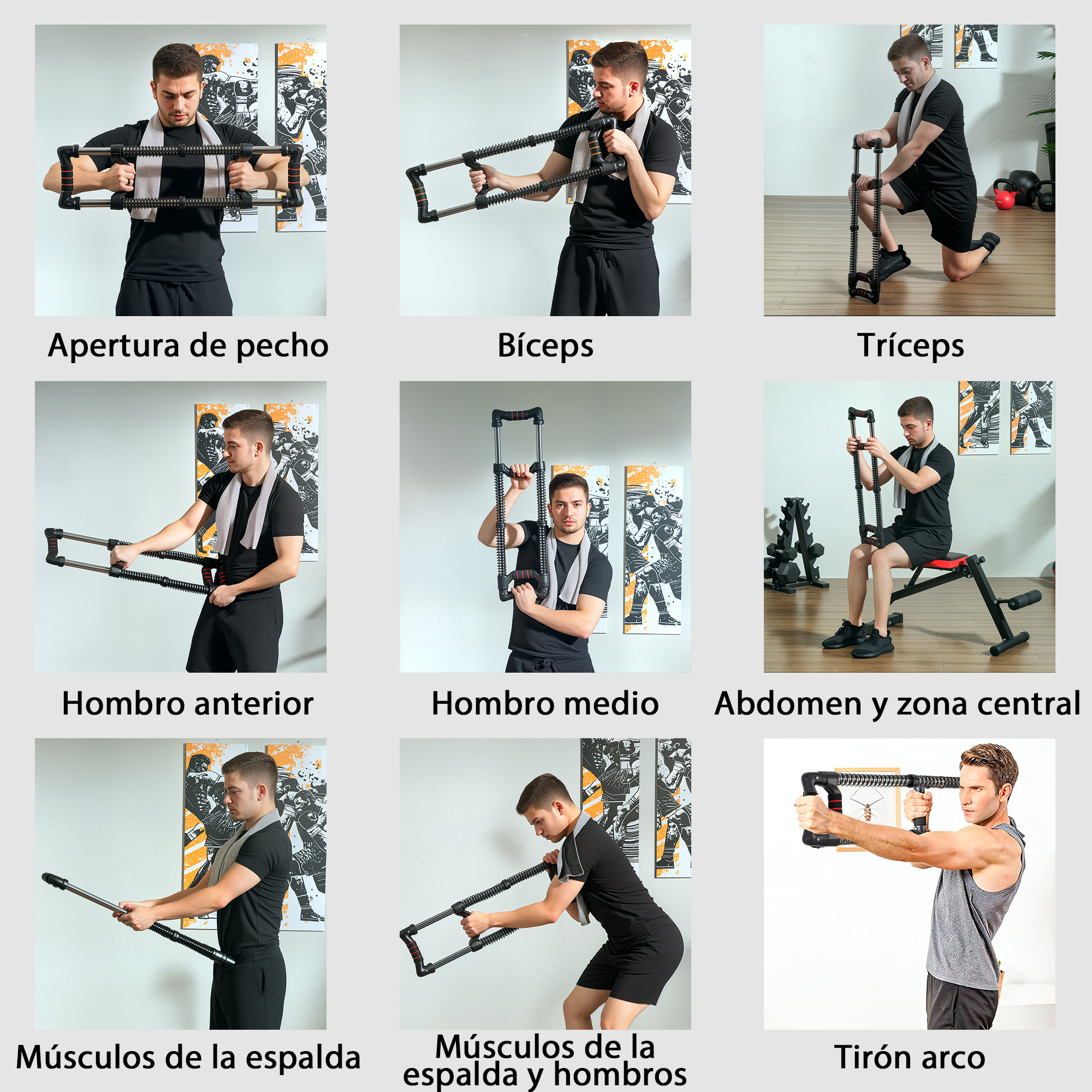 Nueve imágenes que muestran diferentes ejercicios con un ejercitador de brazo. Las etiquetas de texto describen los ejercicios.