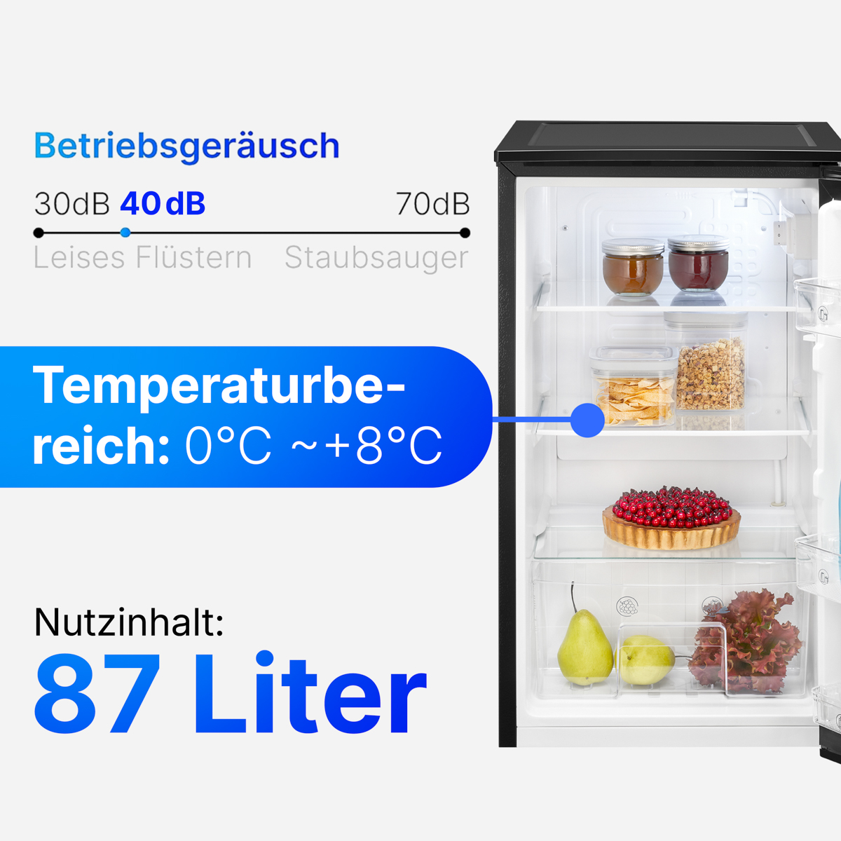 Ein schwarzer Kühlschrank mit offener Tür. Im Inneren befinden sich Lebensmittel und Textbeschriftungen.