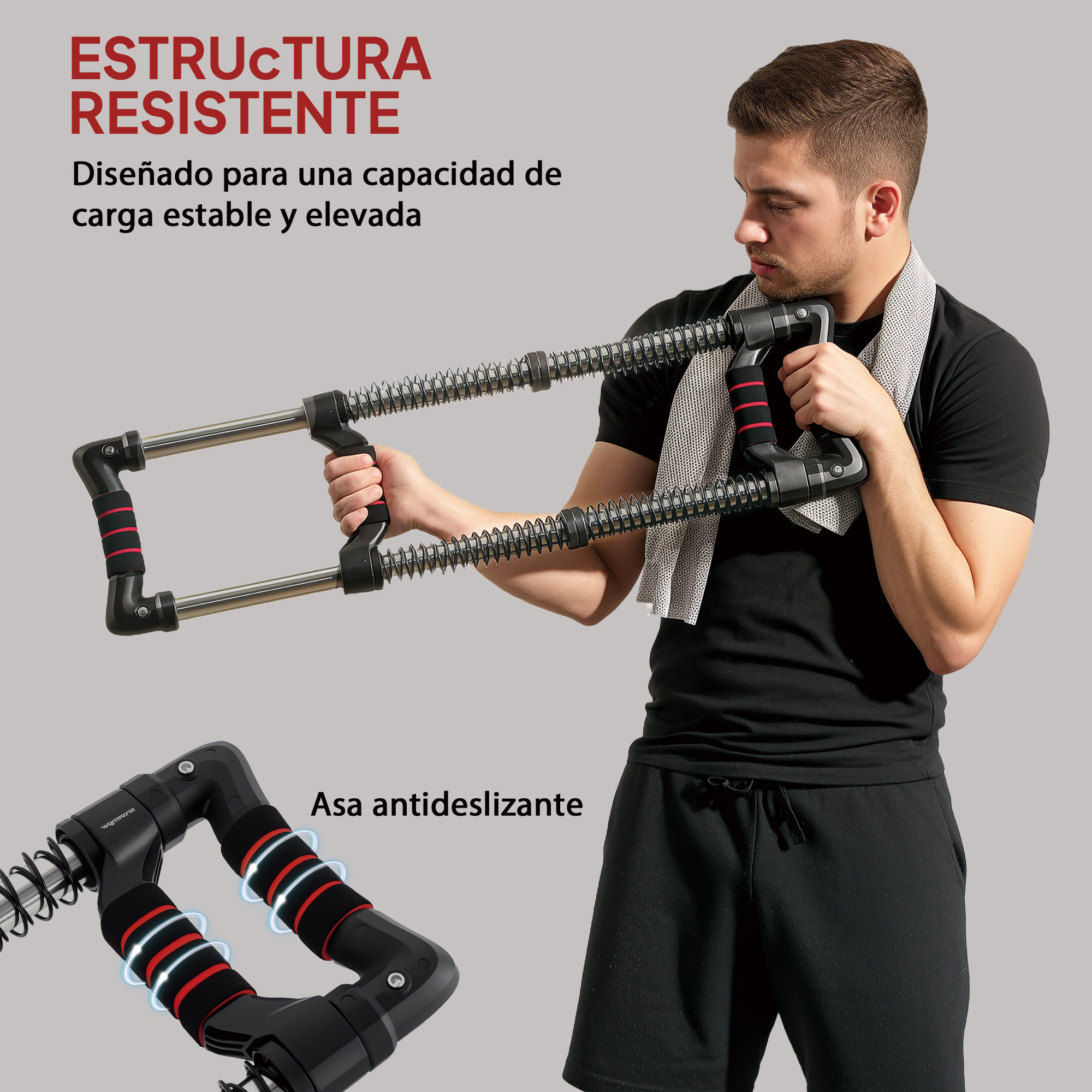 Hombre usando un ejercitador de brazos negro y rojo. Texto: 'Estructura resistente'.