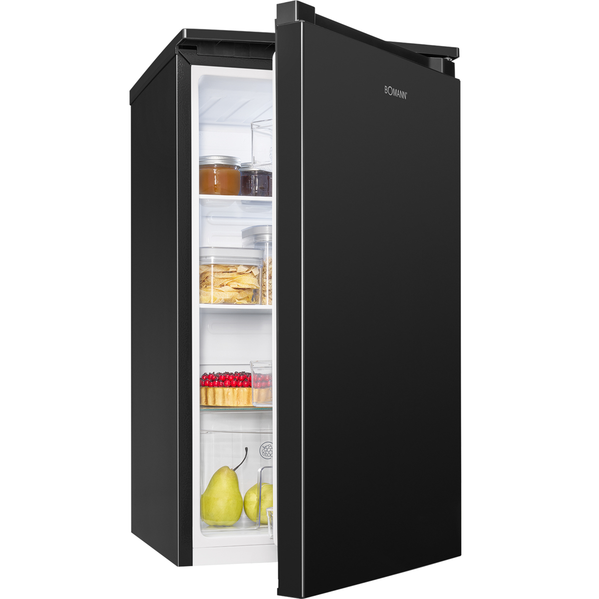 Schwarzer Mini-Kühlschrank, Tür offen, Innenraum sichtbar: Regale mit Lebensmitteln.