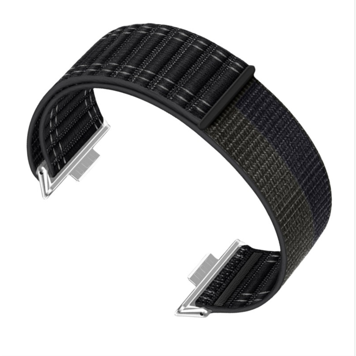 Schwarzes und grünes Uhrenarmband mit strukturiertem Design und silbernen Anschlüssen.