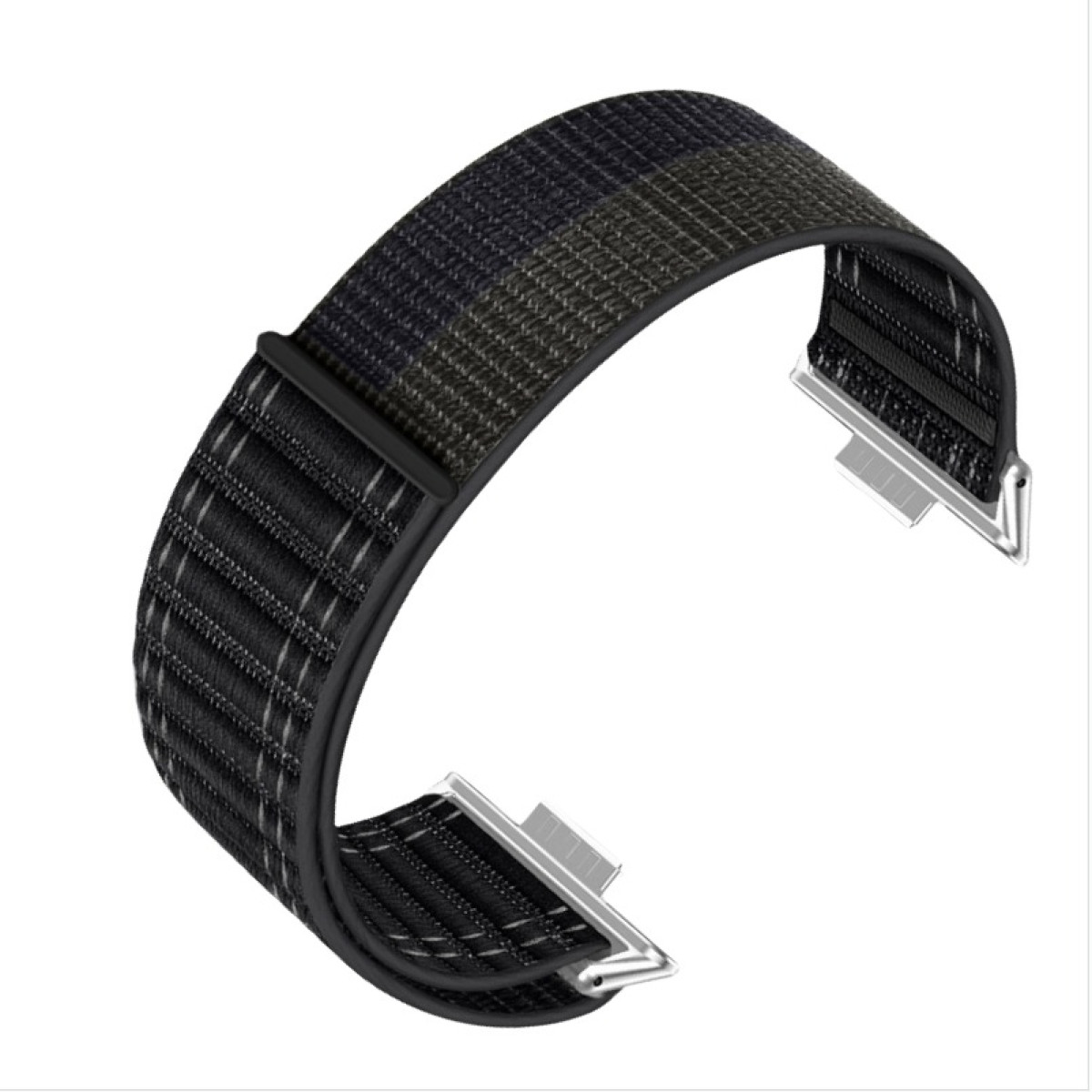 Ein Uhrenarmband mit einem schwarz-grünen Muster, zwei silbernen Verschlüssen und einem schwarzen Stecker.