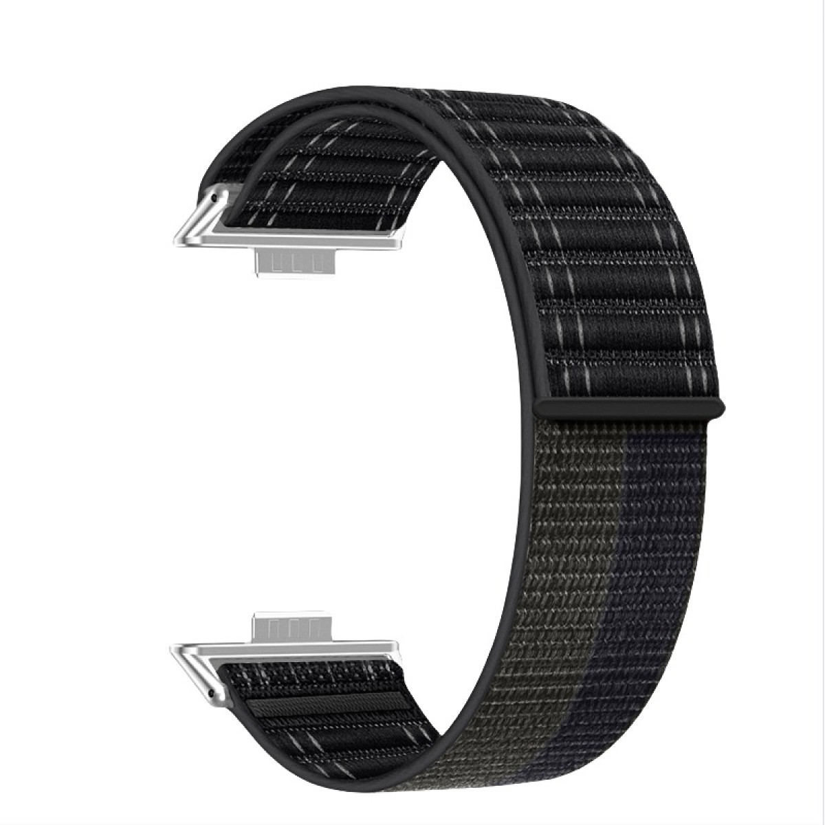 Ein gebogenes Uhrenarmband mit schwarz-grauem Muster. An jedem Ende befinden sich zwei silberne Verschlüsse.