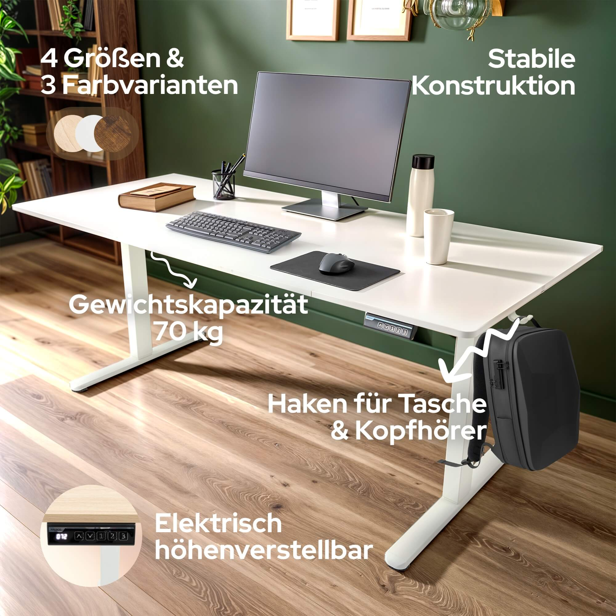 Ein weißer, höhenverstellbarer Schreibtisch mit einem schwarzen Rucksack.