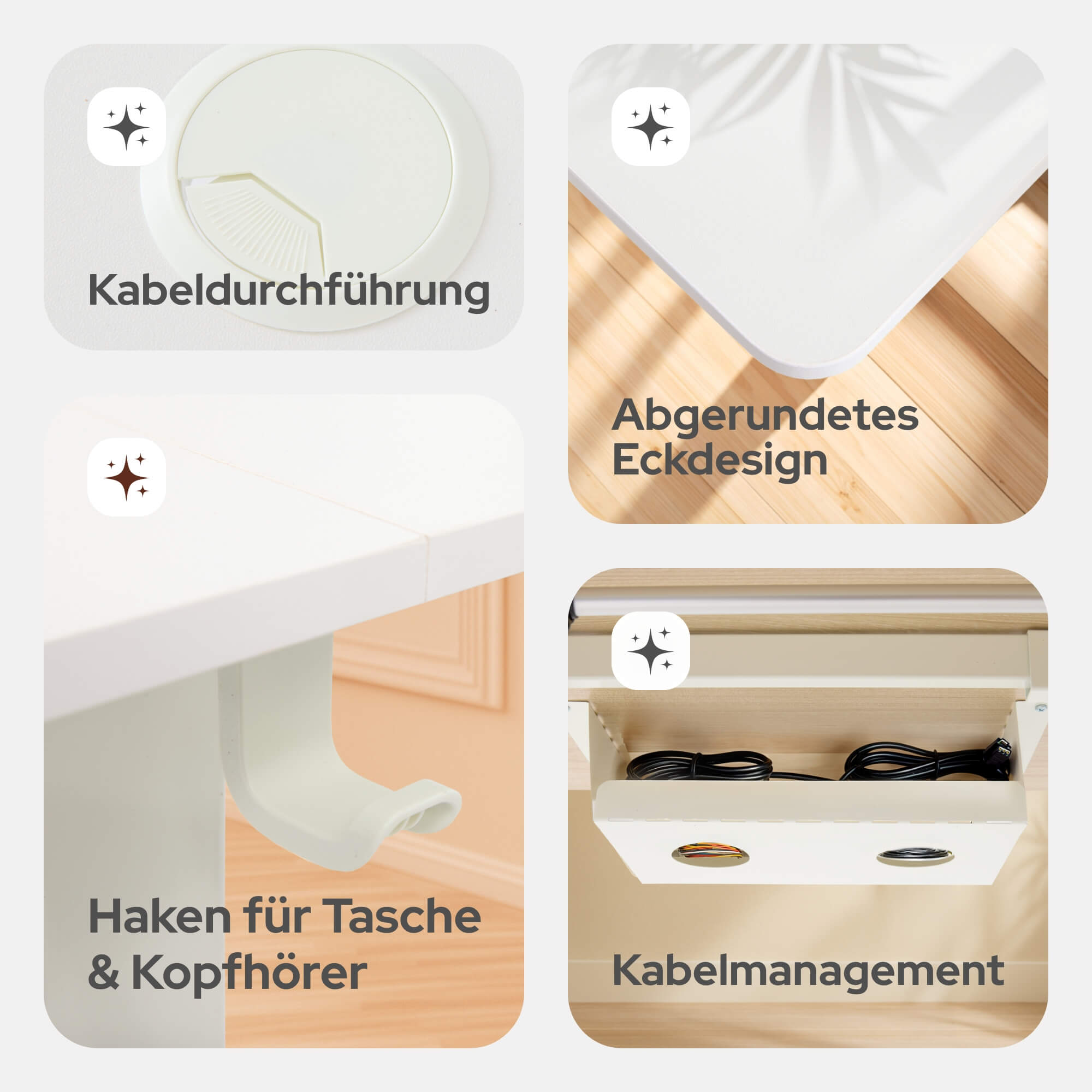 Nahaufnahme eines weißen Schreibtischs mit Details wie Kabelmanagement und abgerundeten Kanten.