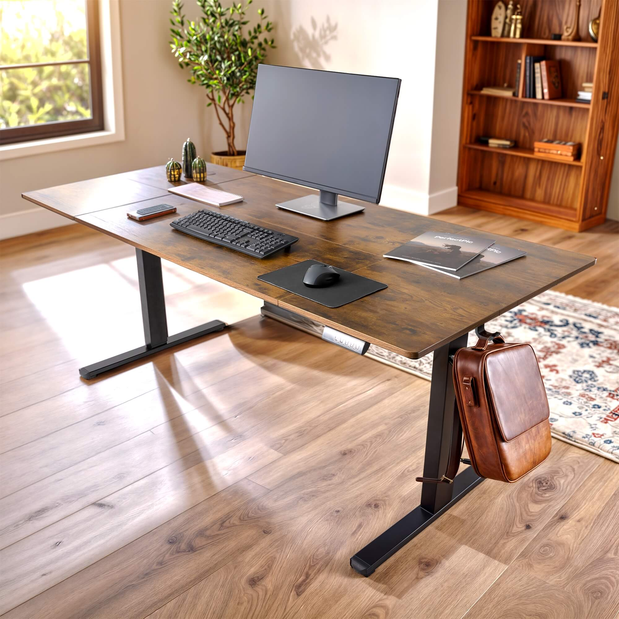 Ein Schreibtisch mit Monitor, Tastatur und Zubehör in einem Raum mit Bücherregal eingerichtet.