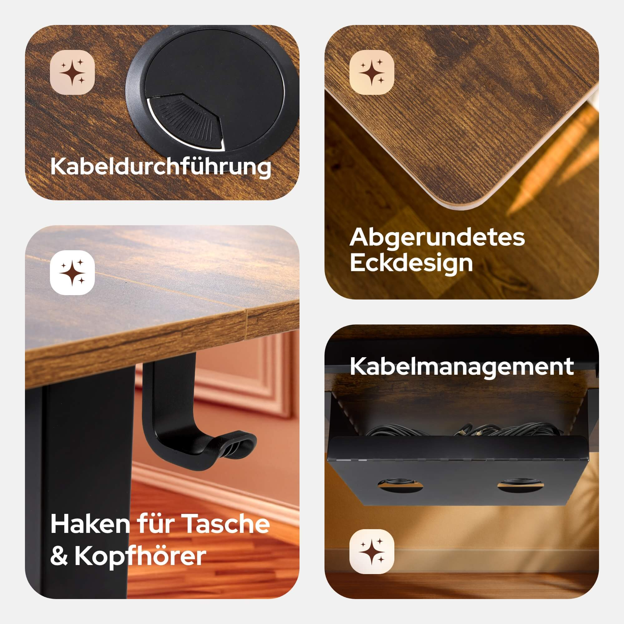 Nahaufnahmen eines braunen Schreibtisches, die Kabelmanagement und andere Details zeigen.