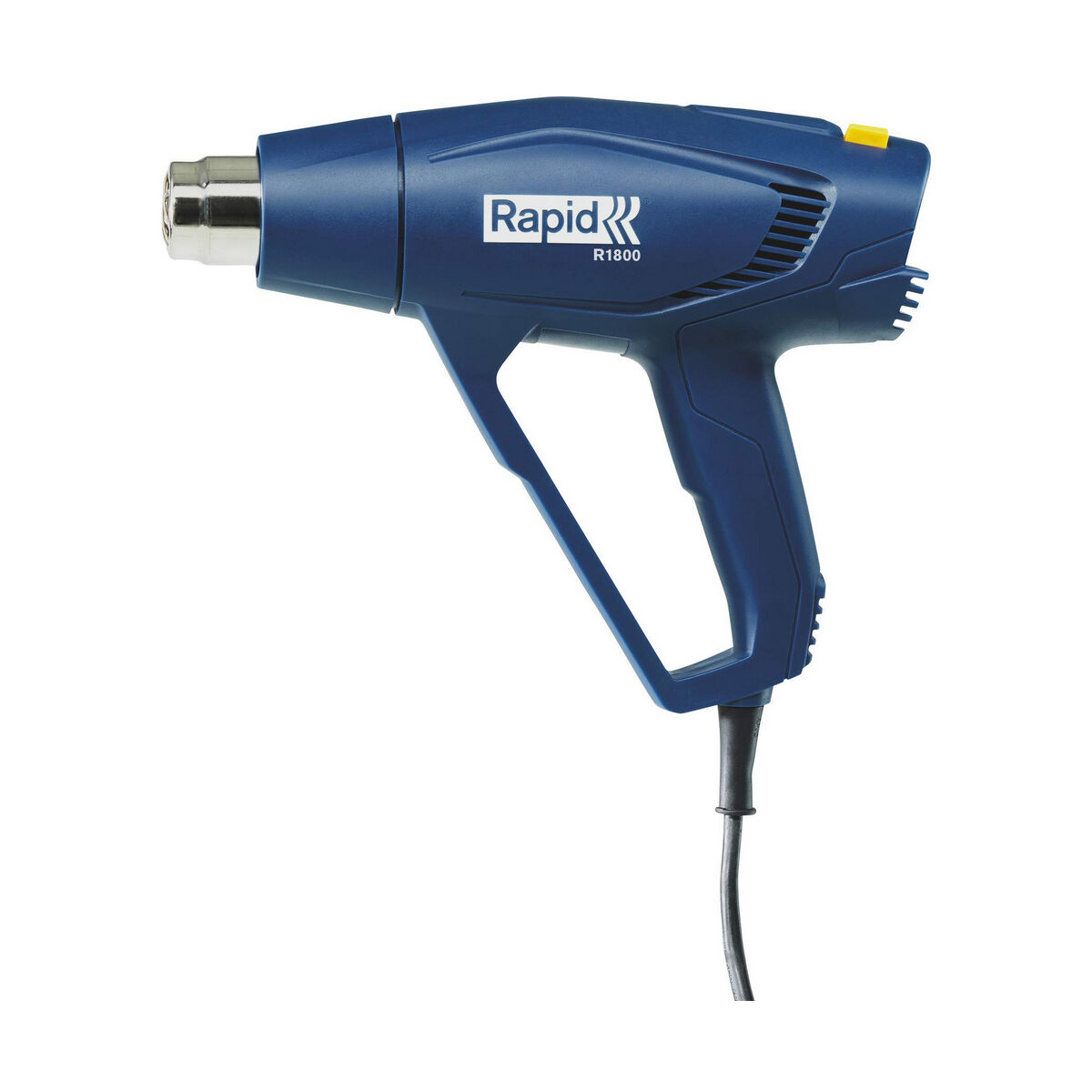 Eine blaue Rapid-Heißluftpistole mit schwarzem Kabel. Sie hat eine silberne Düse und einen gelben Knopf oben.