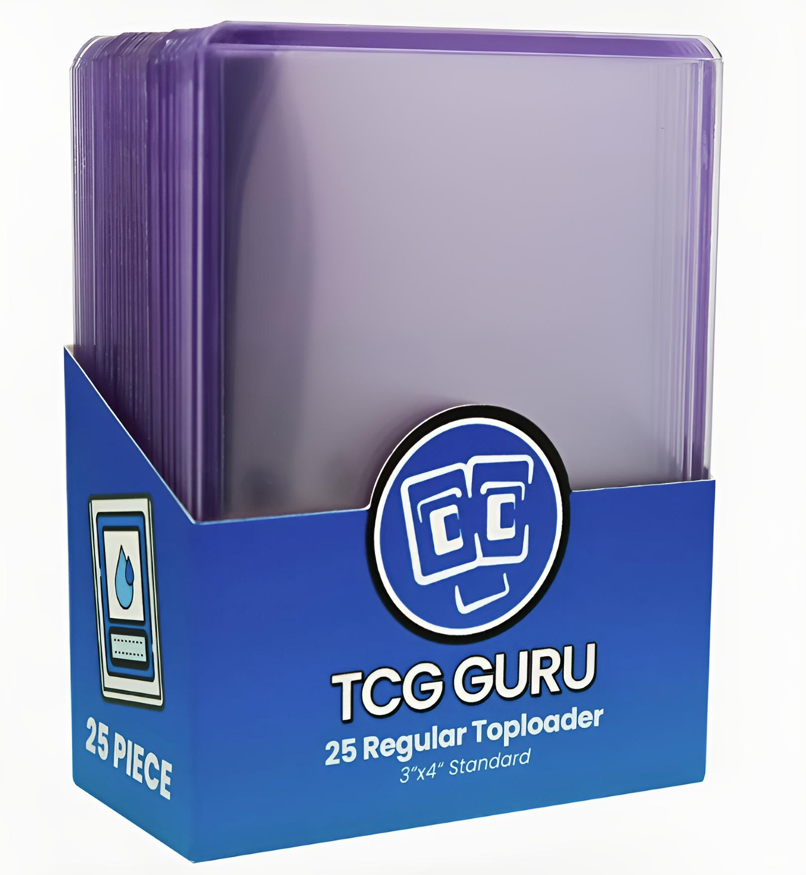 Eine Schachtel mit durchsichtigen, violett getönten Kartenhüllen. Die Box ist blau mit weißem Logo.