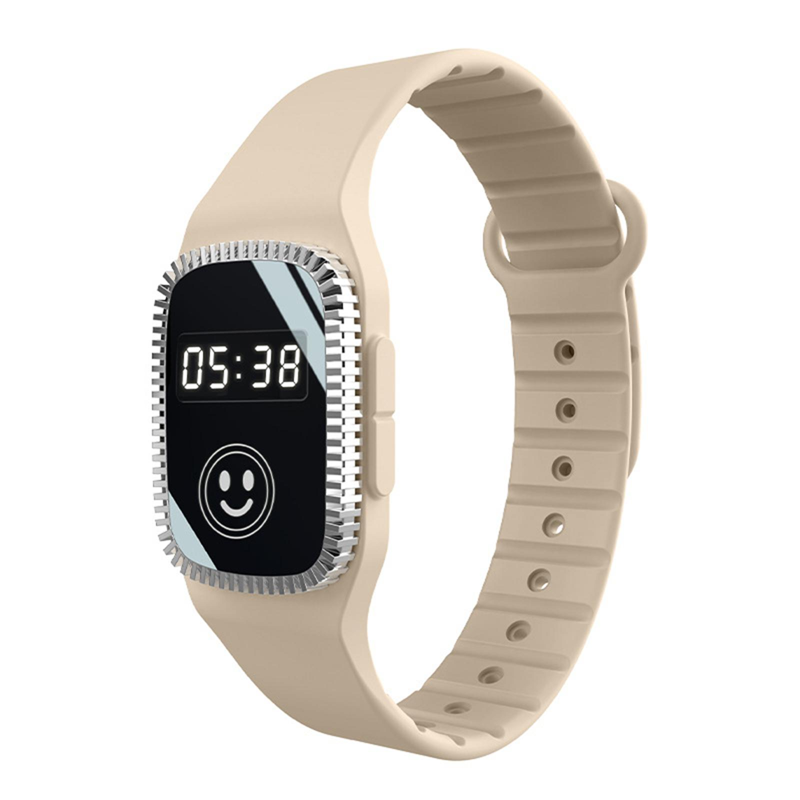 Beige Smartwatch mit Zeit und Smiley.