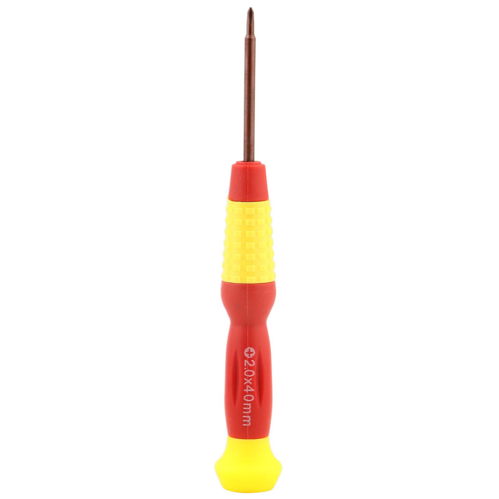 Nahaufnahme eines kleinen Schraubendrehers mit rot-gelbem Griff und brauner Spitze.
