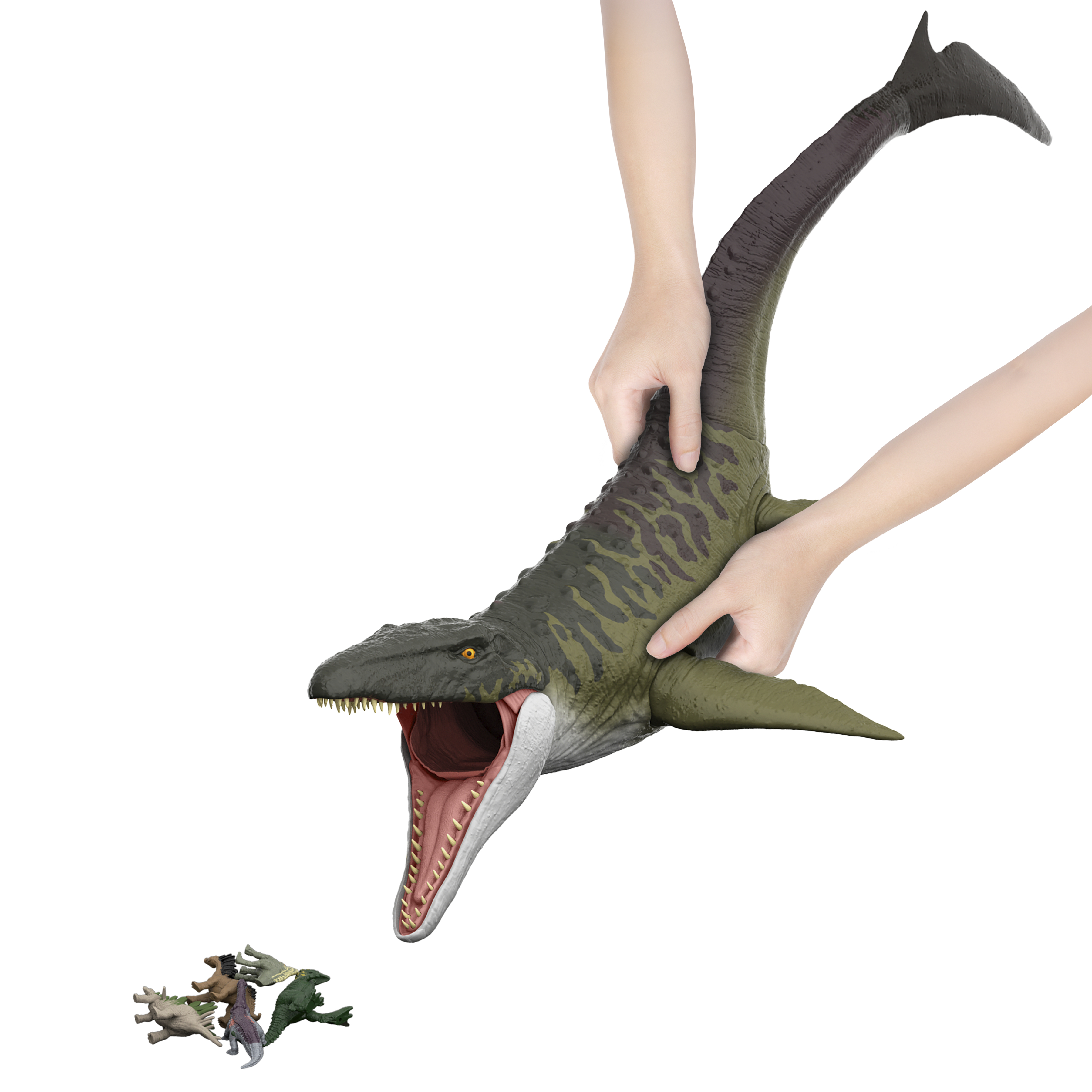 Mani che tengono un grande giocattolo a forma di dinosauro, bocca aperta. Piccoli dinosauri giocattolo sotto.
