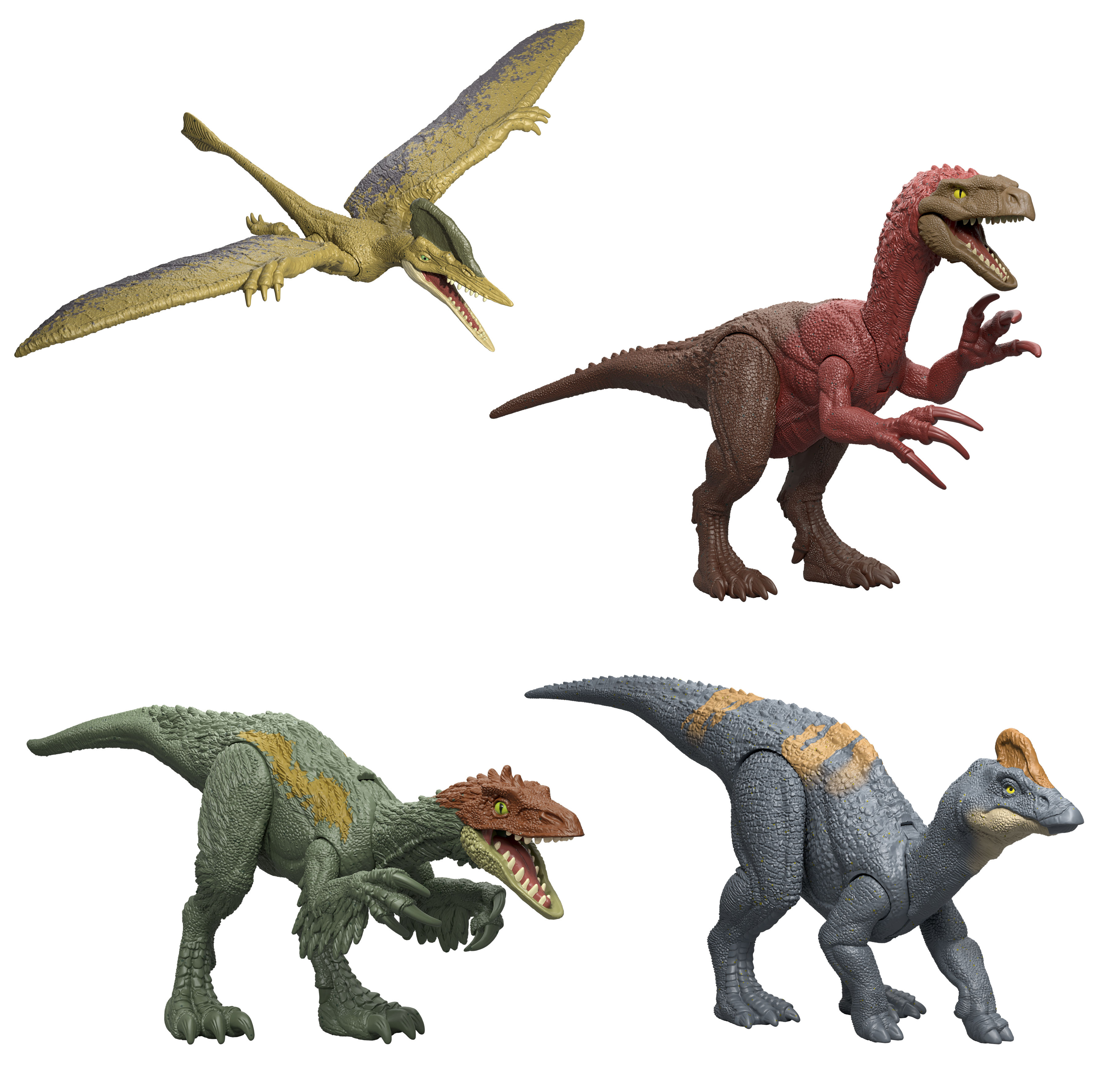 Vier dinosaurus speelgoed van verschillende kleuren en vormen zijn gerangschikt op een wit oppervlak.