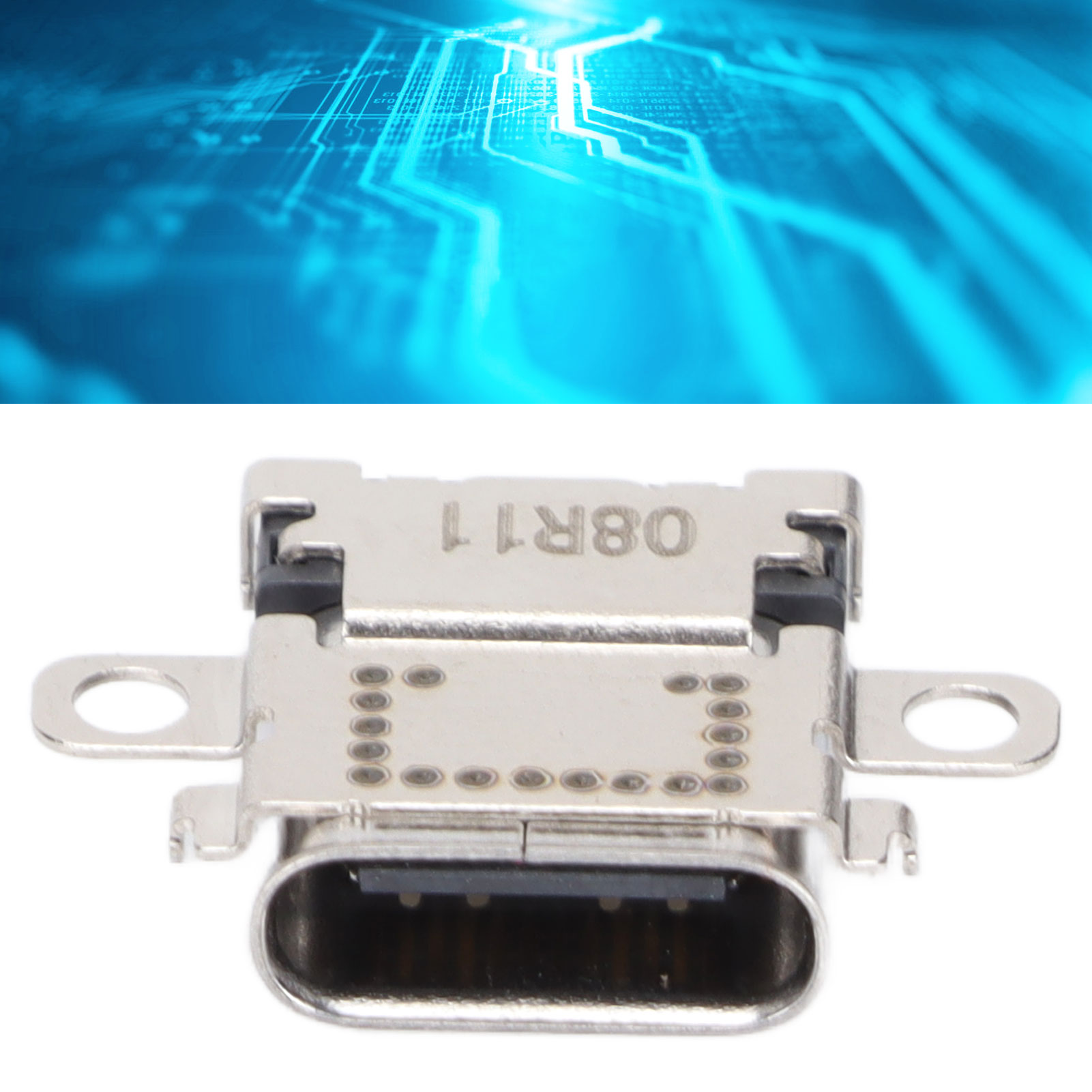 Nahaufnahme eines silbernen USB-C-Anschlusses mit blauem Hintergrund.