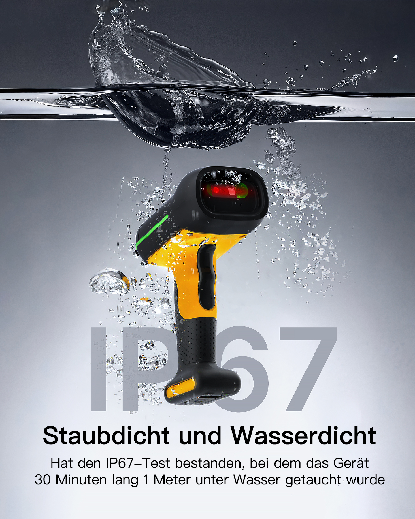 Barcode-Scanner unter Wasser. Text sagt IP67, staubdicht und wasserdicht nach Wassertest.