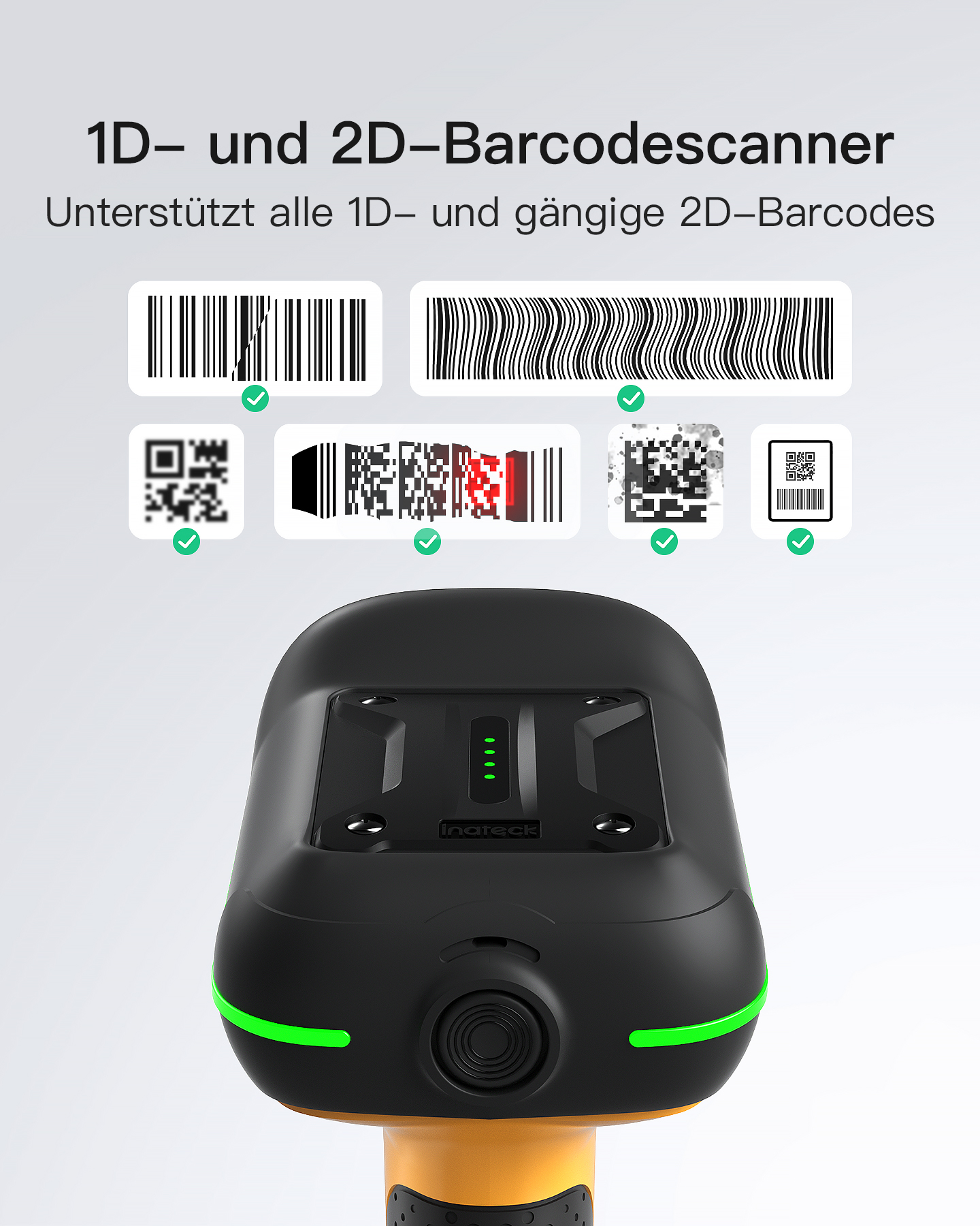 Barcode-Scanner, schwarz und gelb. Text besagt, dass 1D- und 2D-Barcodes unterstützt werden.