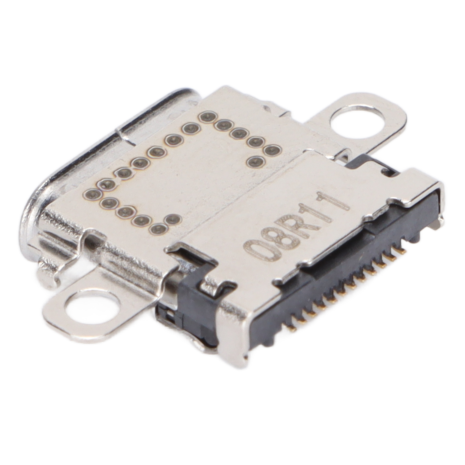Nahaufnahme einer silbernen und schwarzen USB-C-Port-Komponente auf weißem Hintergrund.
