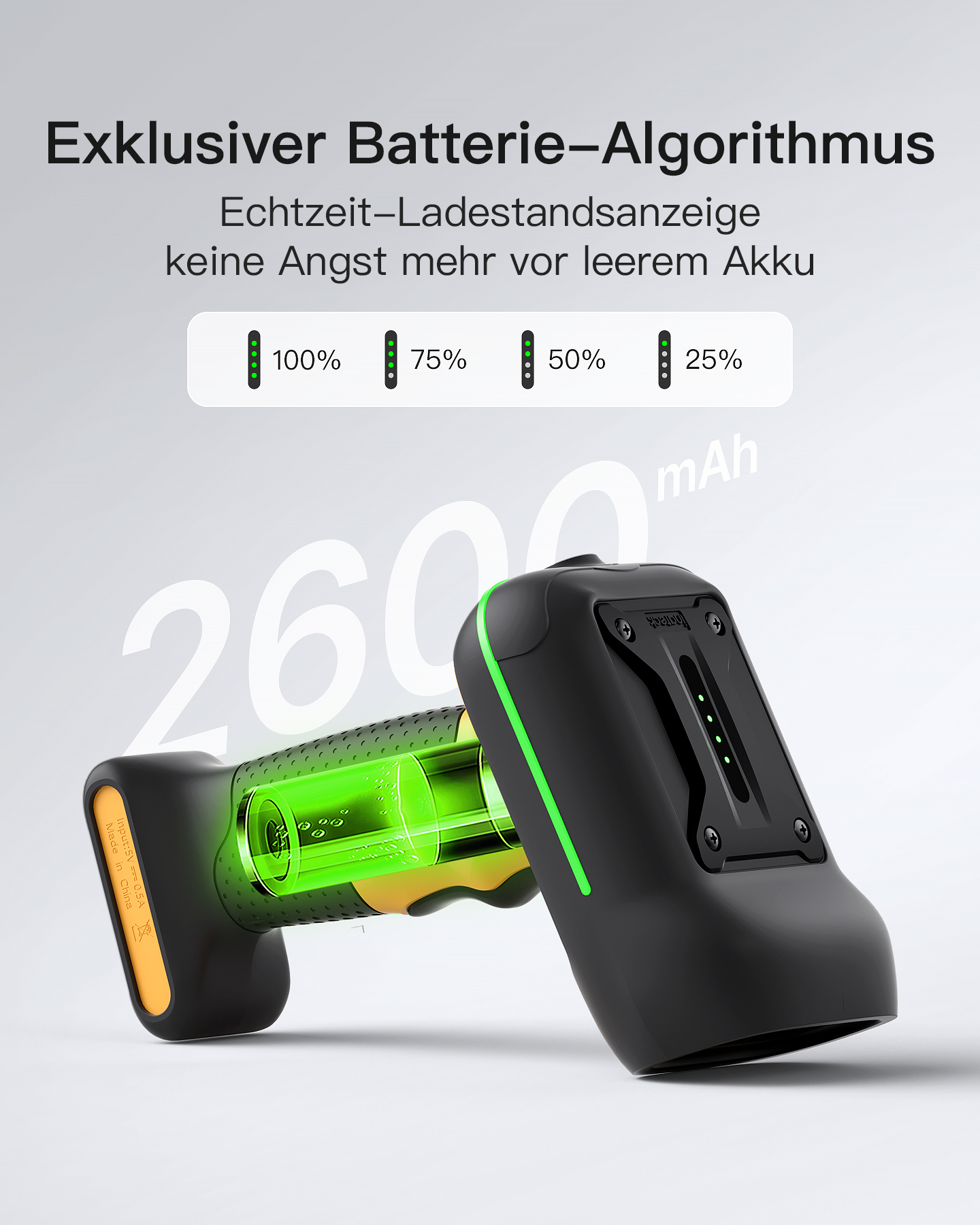 Barcode-Scanner mit Batteriestandsanzeige. Text zeigt Batterielebensdauerprozentsätze: 100 %, 75 %, 50 %, 25 %.