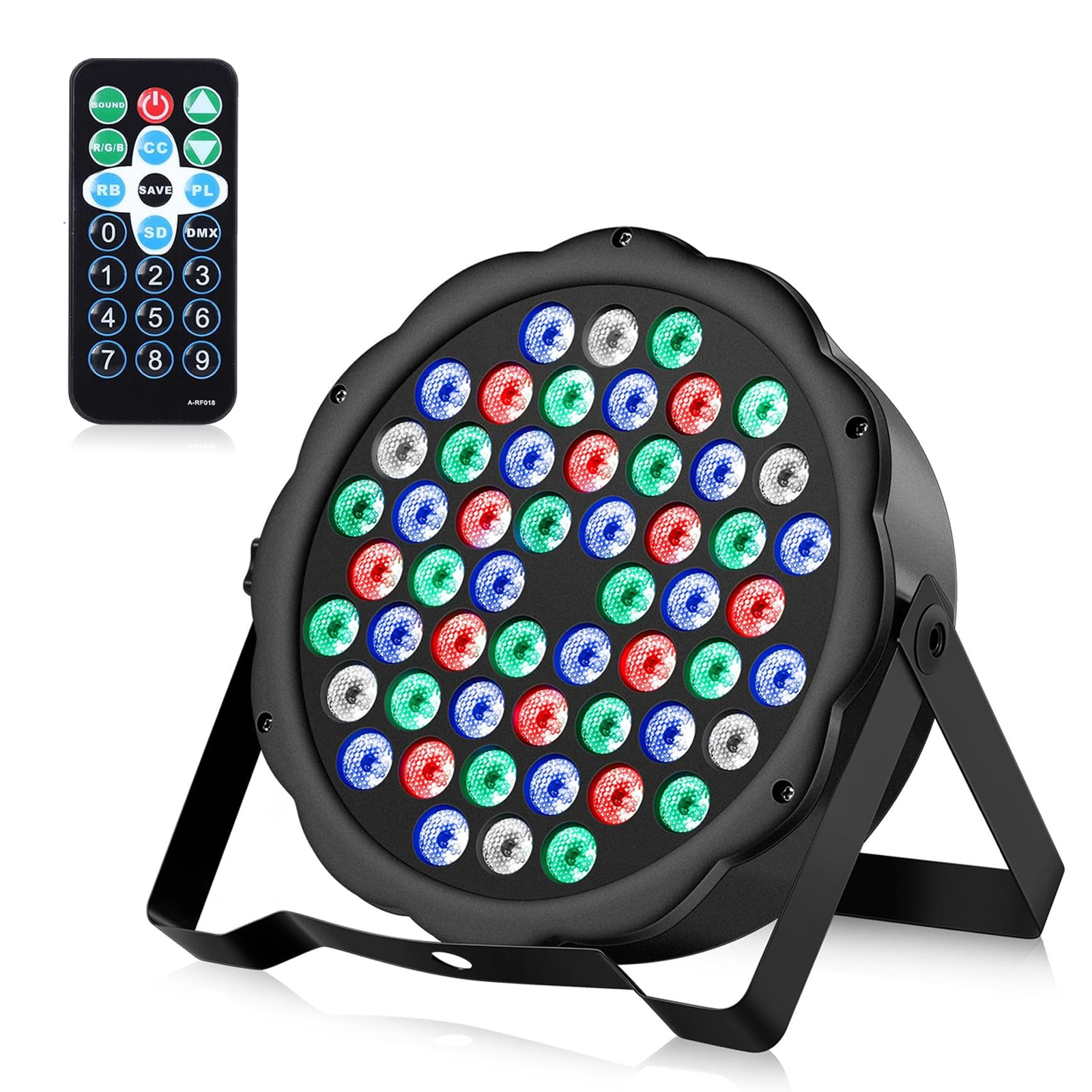 Schwarzes Bühnenlicht mit mehreren farbigen LEDs und einer Fernbedienung.