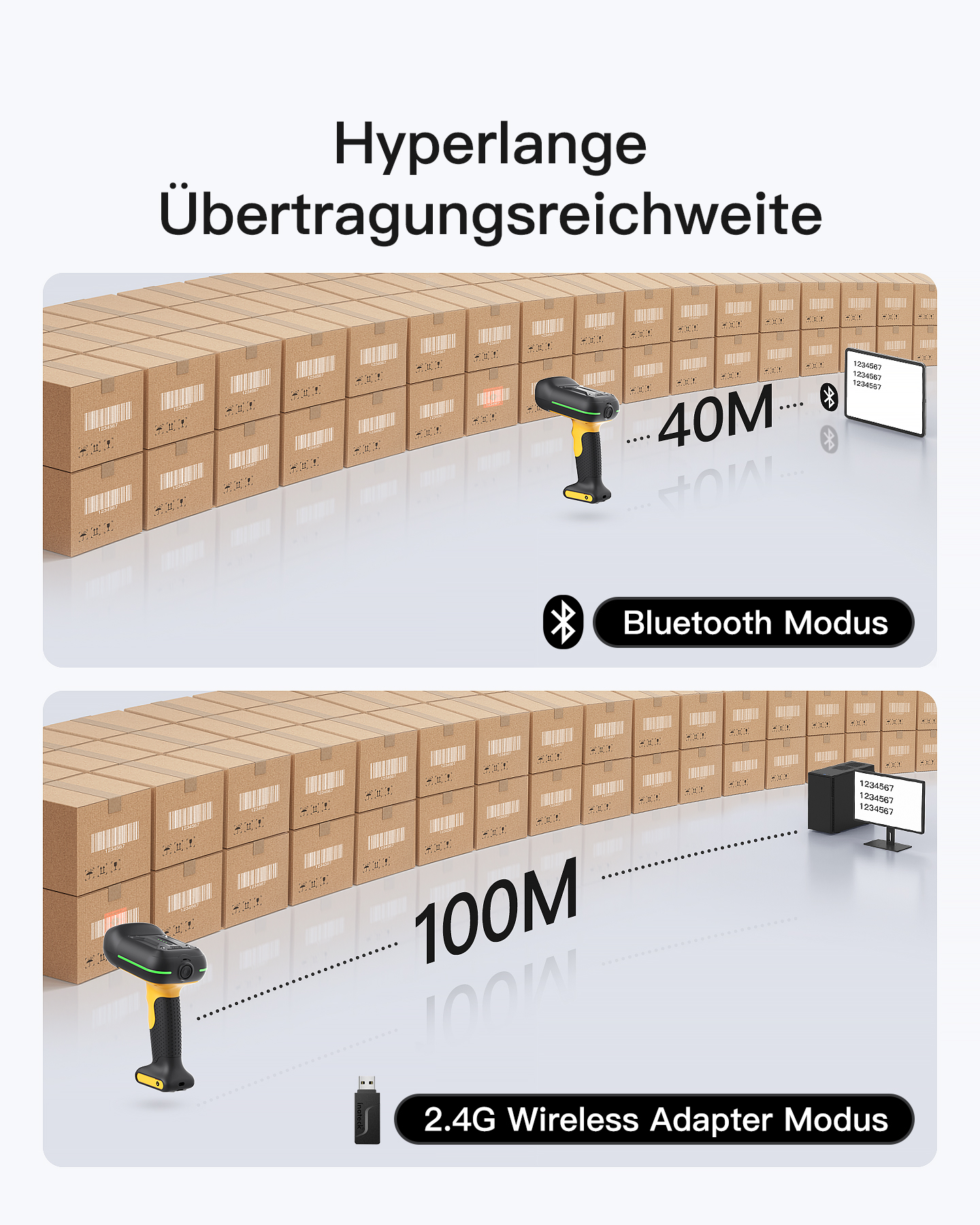 Diagramm, das einen Barcode-Scanner und Boxen zeigt. Text zeigt 40M und 100M Entfernungen für das Scannen an.