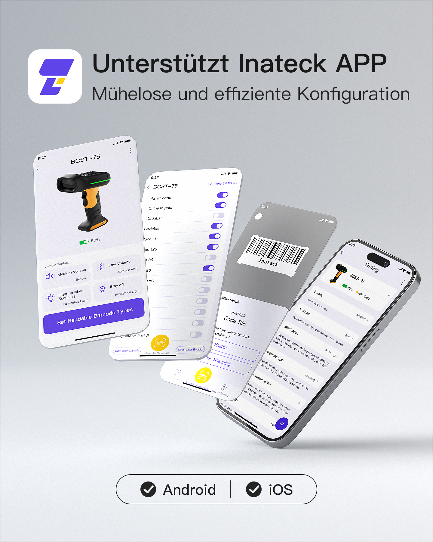 Bildschirme, die eine App-Oberfläche mit einem Barcode-Scanner anzeigen. Text sagt "mühelose Konfiguration".