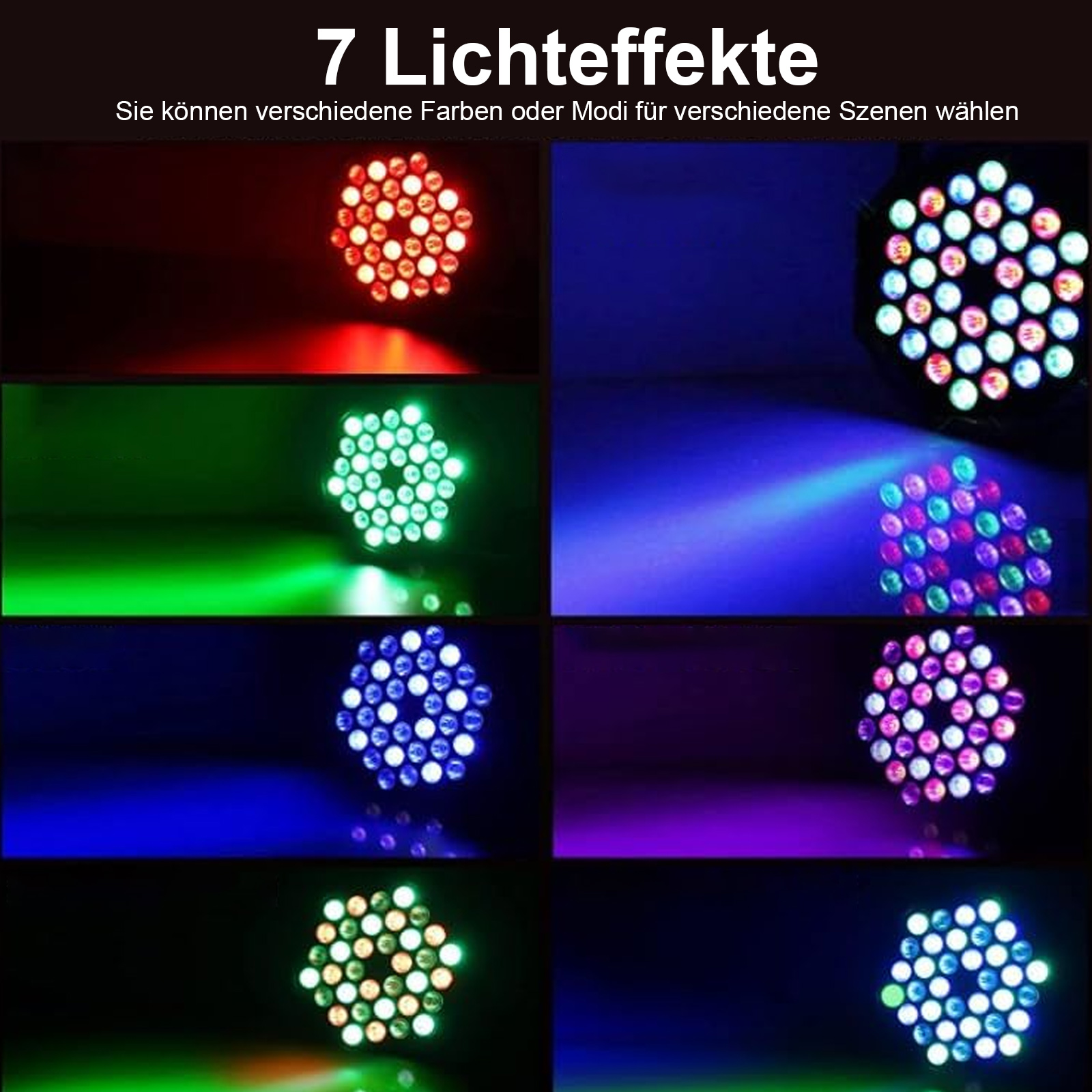 Bunte Bühnenbeleuchtung. Text sagt '7 Lichteffekte'.