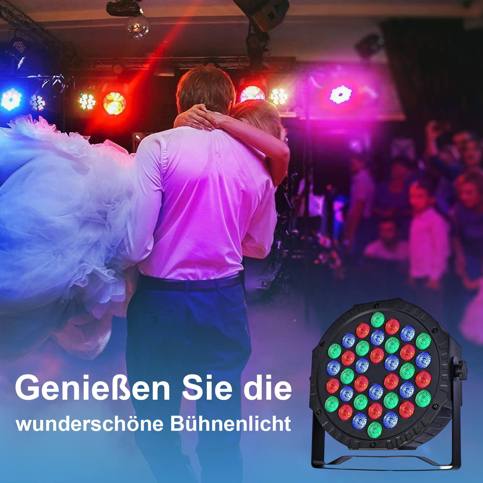 Ein tanzendes Paar mit Bühnenbeleuchtung im Hintergrund und Text: Genieße die wunderbaren Bühnenlichter.