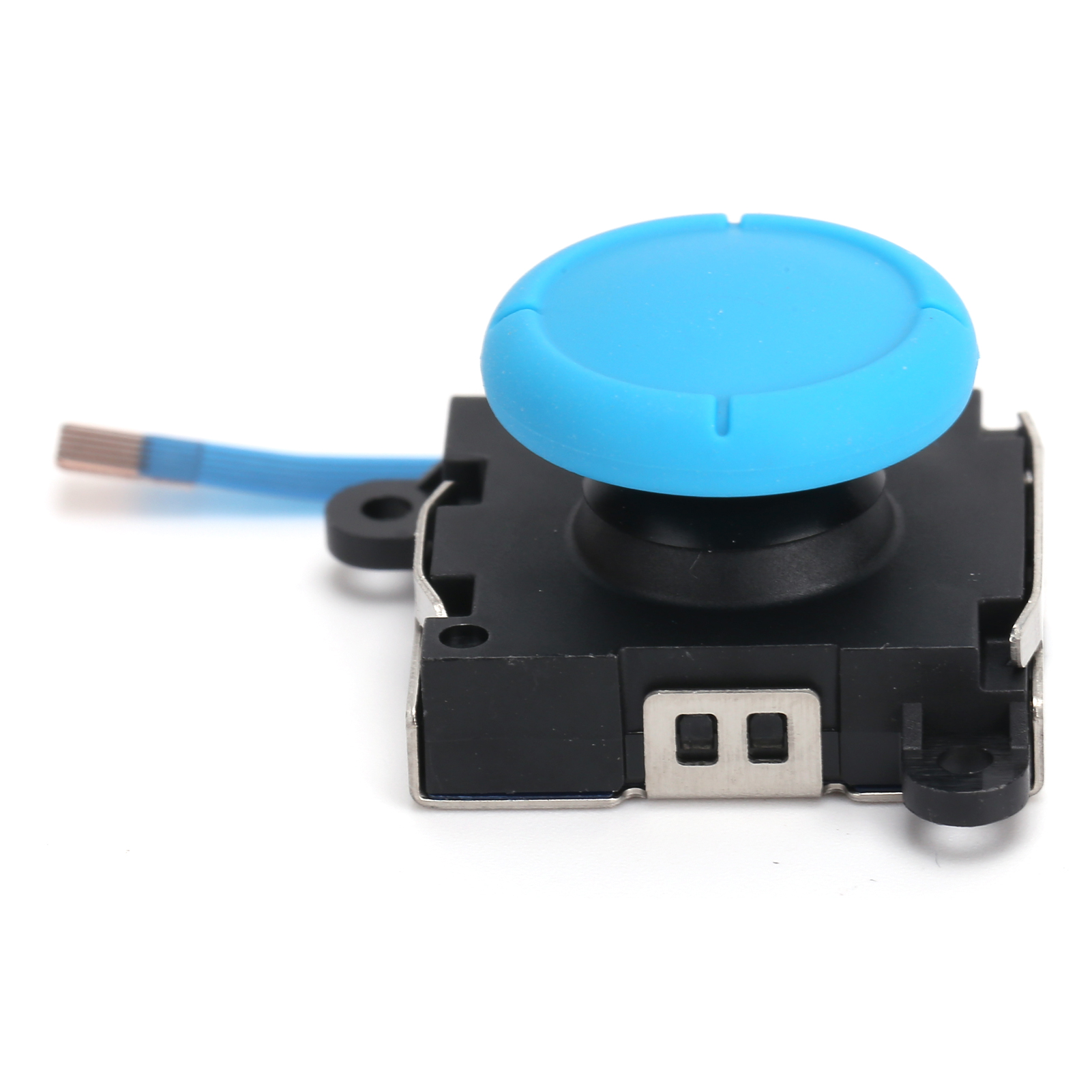 Blauer Joystick-Knopf mit schwarzer Basis und Steckerstiften. Auf weißem Hintergrund.