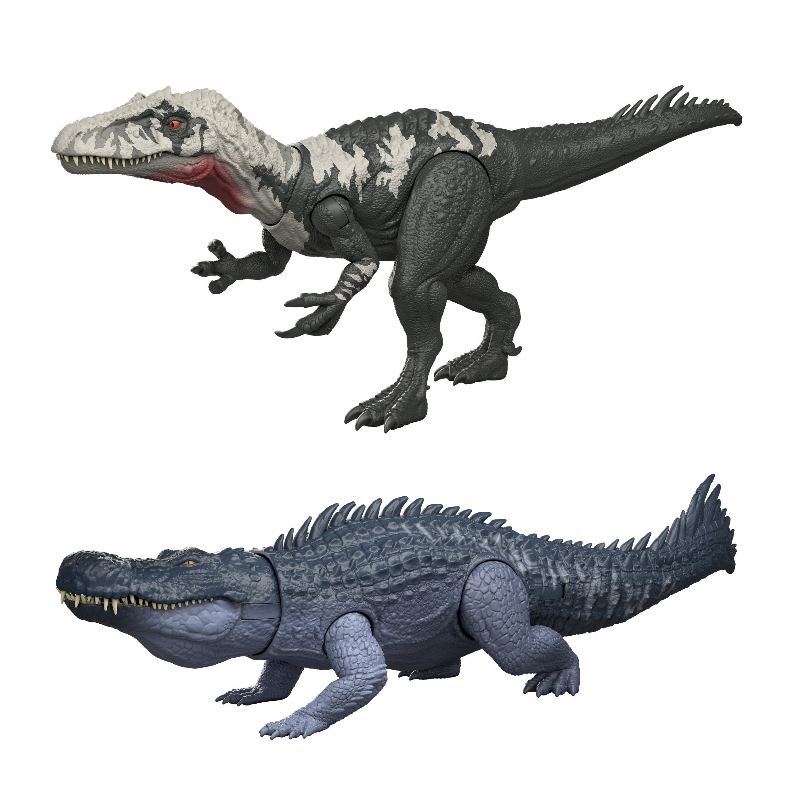 Dos dinosaurios de juguete, uno gris y otro azul, sobre un fondo blanco.