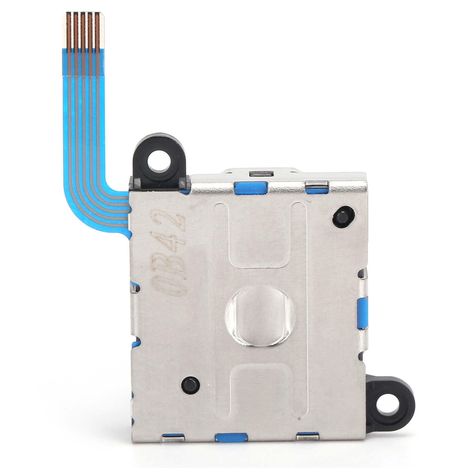 Ein elektronisches Bauteil mit blauem Stecker und einem schwarzen Kunststoffteil.