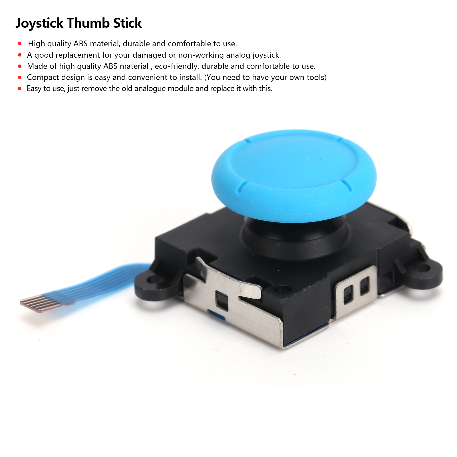 Ein blauer Joystick-Daumenstift auf schwarzer Basis vor weißem Hintergrund.