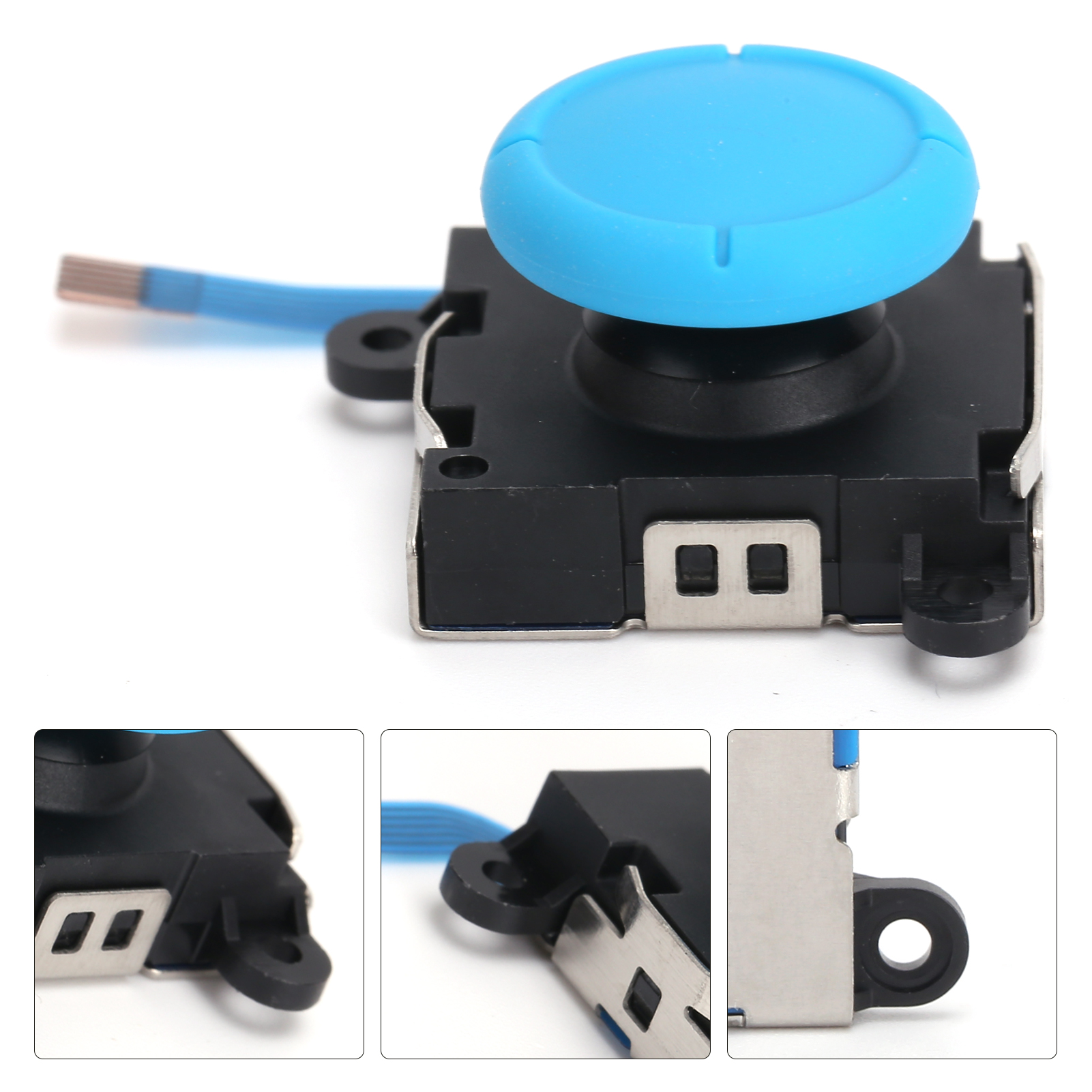 Nahaufnahme eines blauen Joysticks mit schwarzer Basis und blauem Kabel. Drei Detailaufnahmen sind gezeigt.