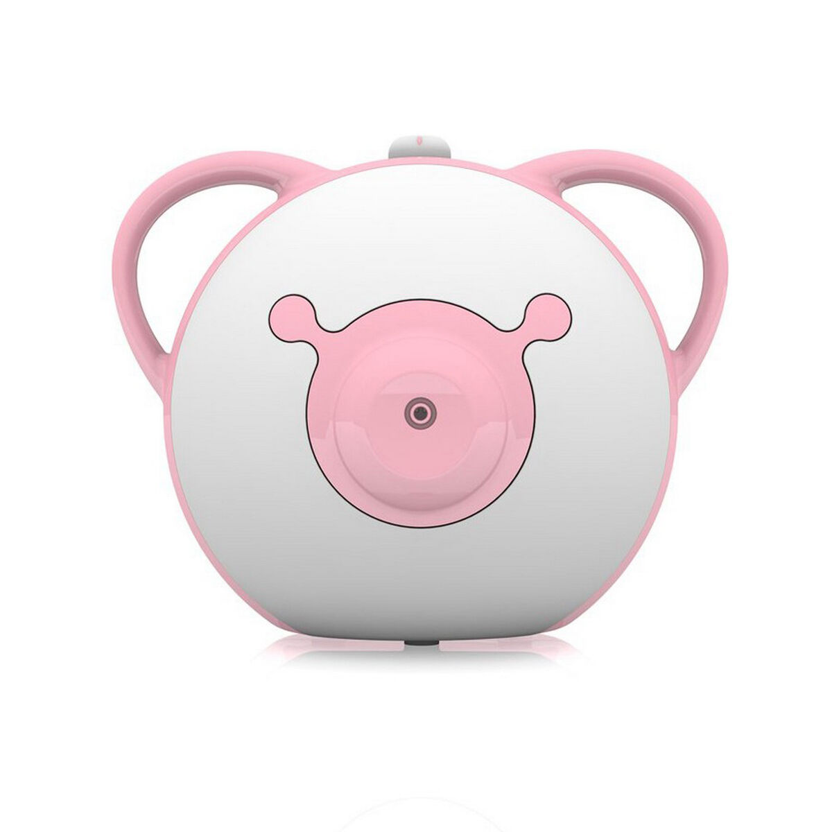 Eine weiß-rosa Brustpumpe. Die Pumpe hat einen rosa Nippel und griffartige Strukturen.
