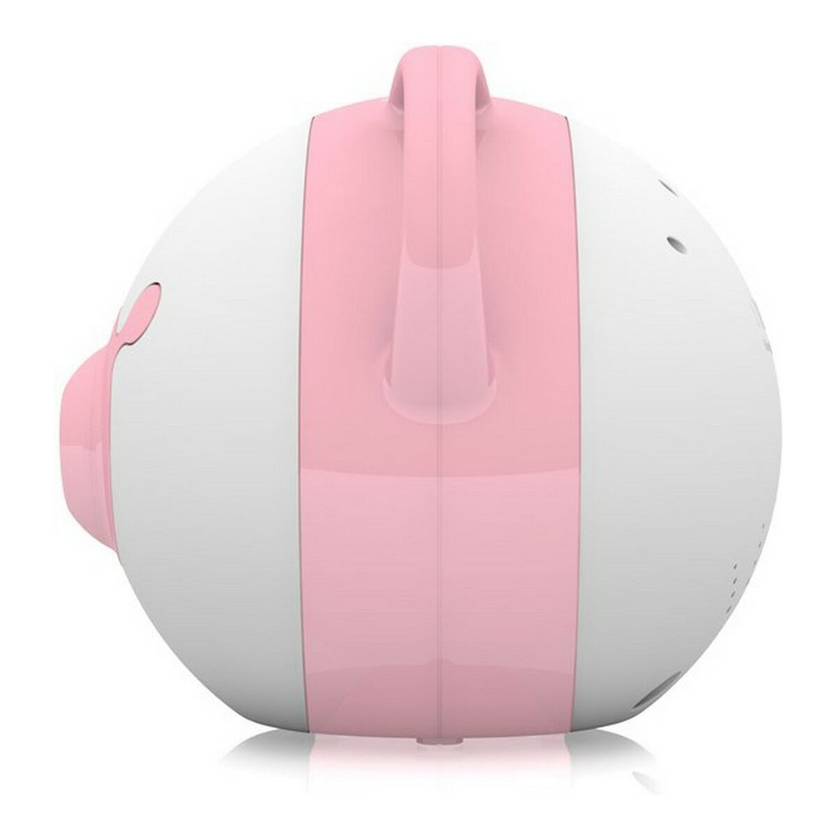 Ein rosa-weißes Babyprodukt mit Griff auf weißem Hintergrund.