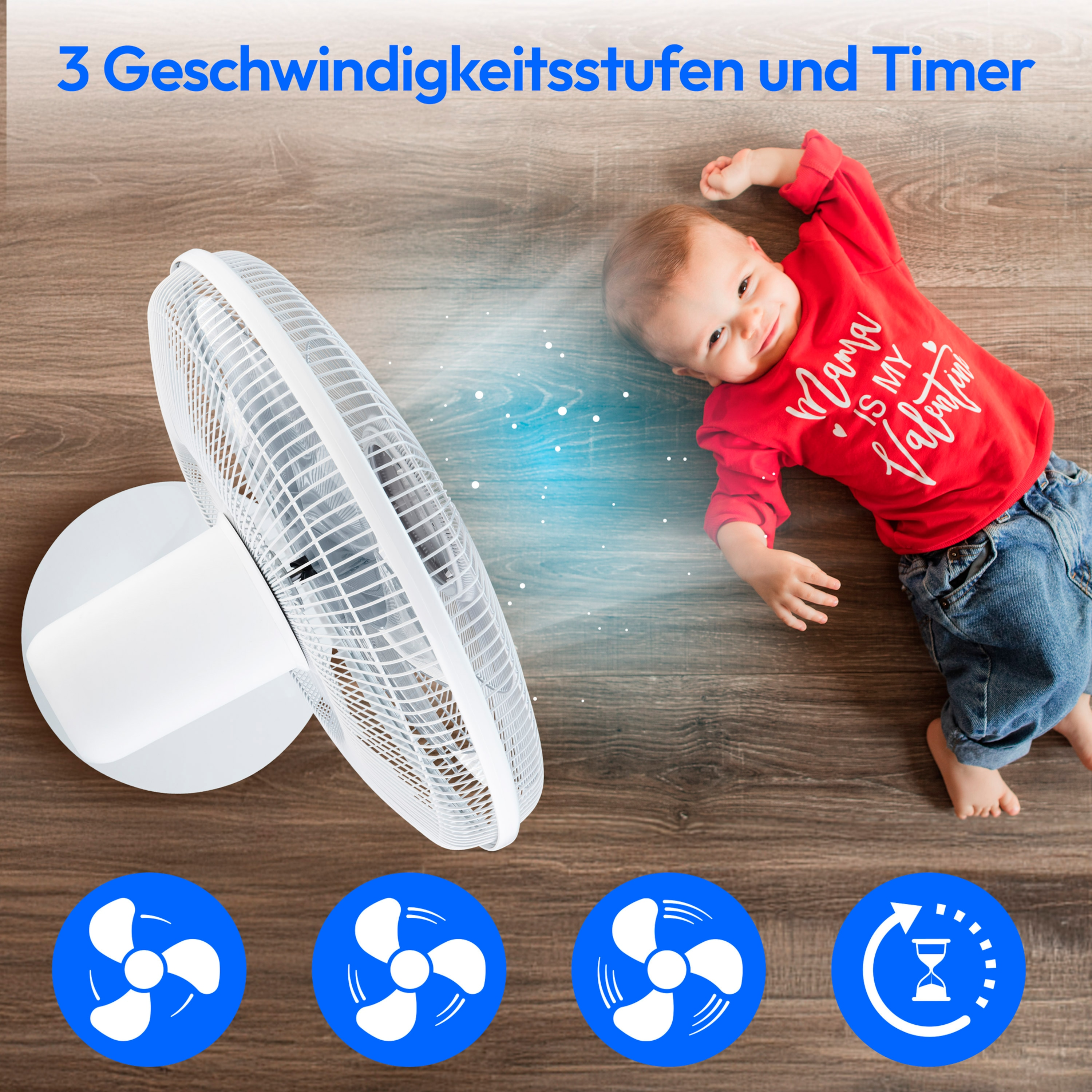 Ein weißer Ventilator mit einem Baby, das liegt, und drei Geschwindigkeitseinstellungen. Der Ventilator hat eine Timer.