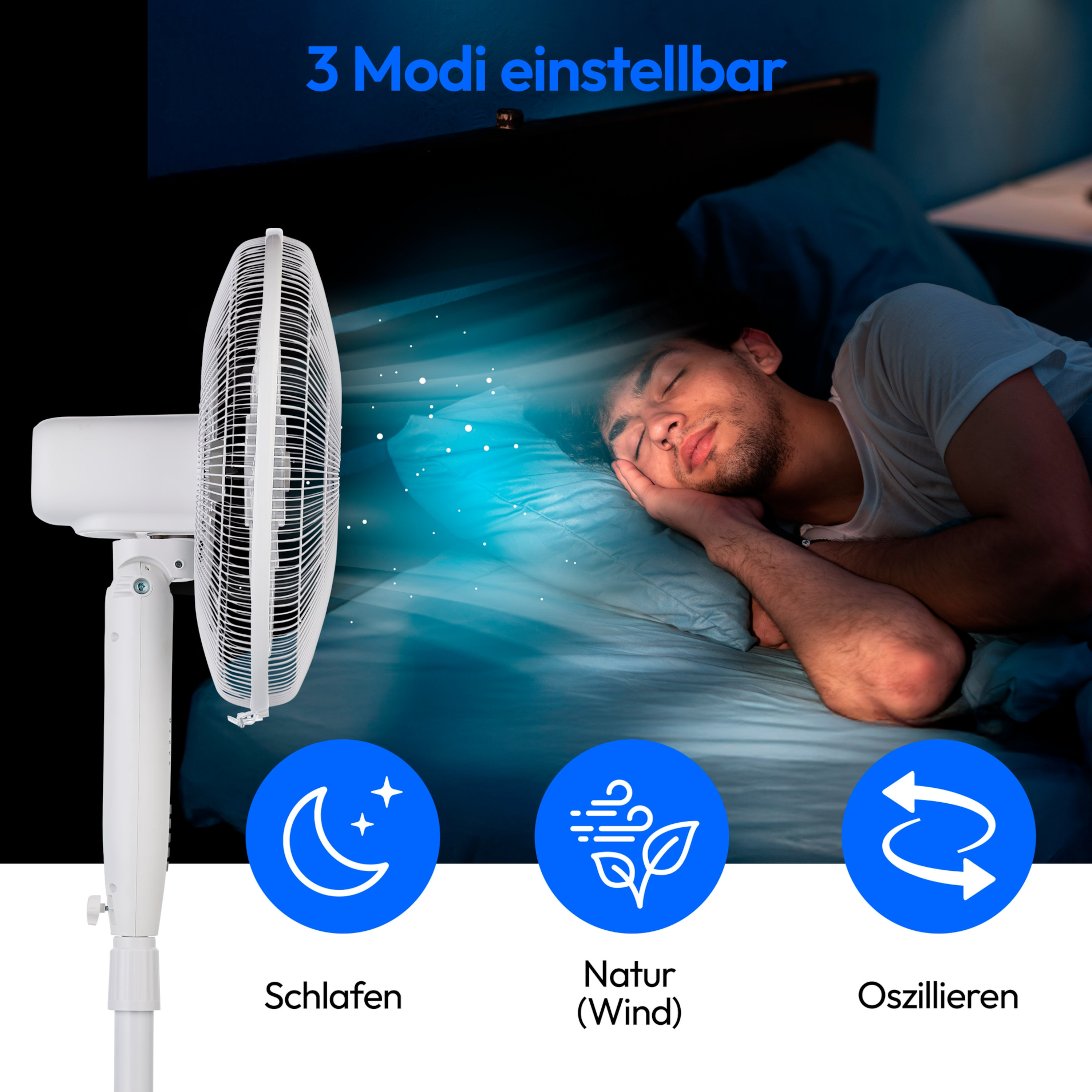 Ein weißer Ventilator mit 3 Modi: Schlaf, Natur und Oszillieren. Ein Mann schläft im Hintergrund.