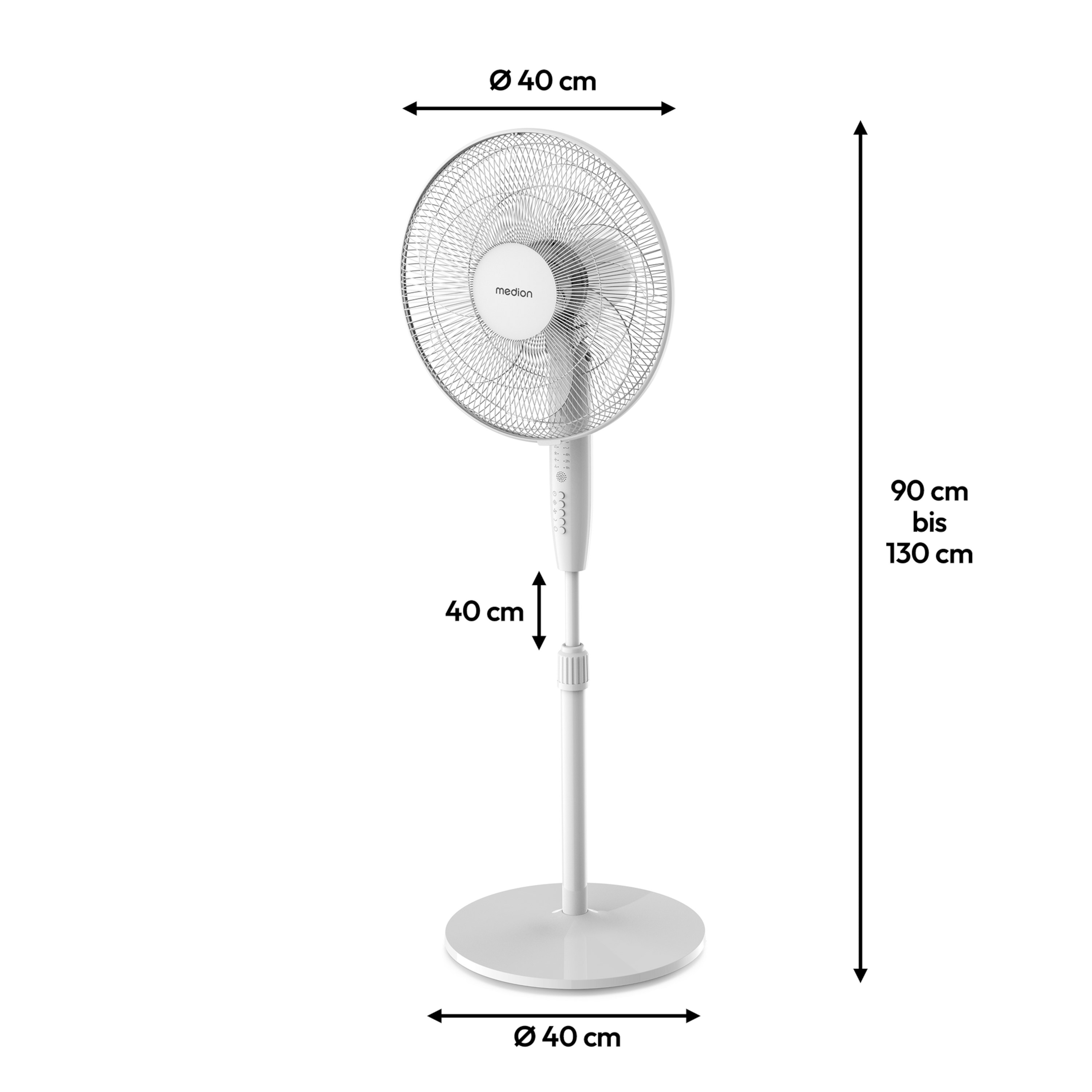 Ein weißer Ventilator mit Abmessungen und einem Maßstab. Es befindet sich auf weißem Hintergrund.