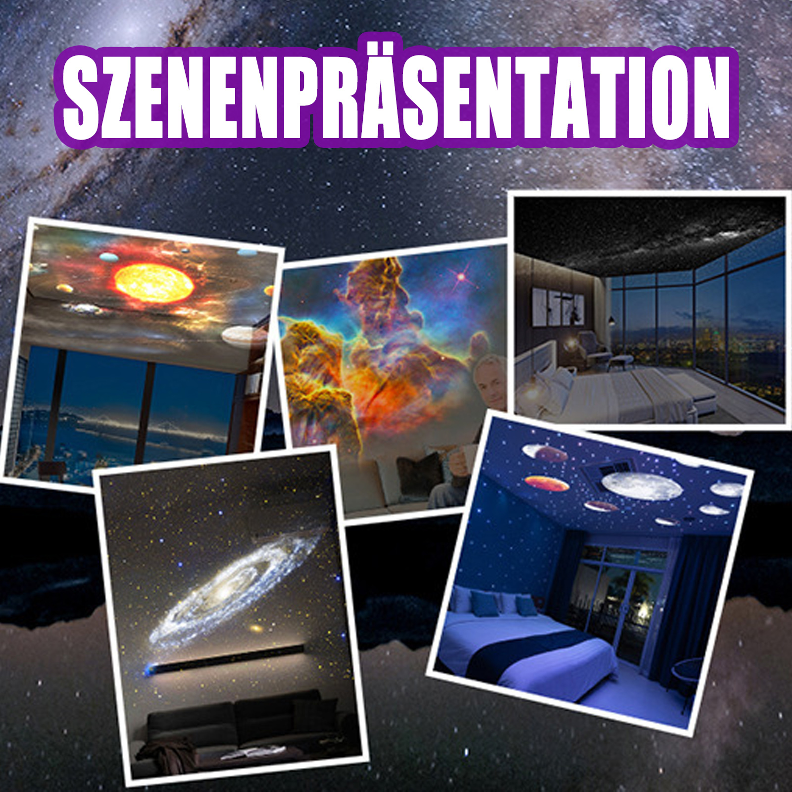 Mehrere Bilder von Zimmern mit Dekorationen und Beleuchtung zum Thema Galaxie.