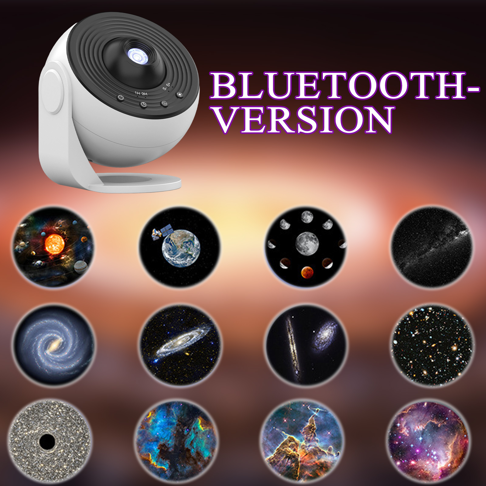Ein weiß-schwarzer Projektor mit Darstellung von Himmelskörpern, beschriftet mit 'Bluetooth-Version'.