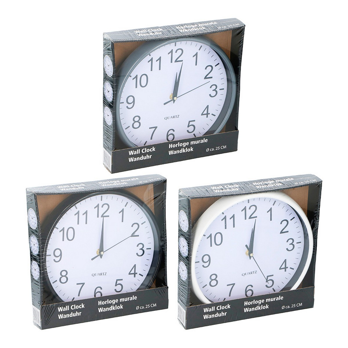 Orologi da parete in scatole, tre orologi con quadranti bianchi e grigi.
