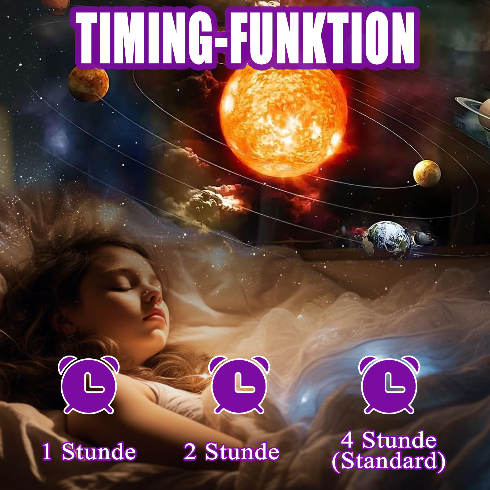 Ein schlafendes Mädchen unter der Decke mit Weckern und deutschem Text 'Timing-Funktion'.