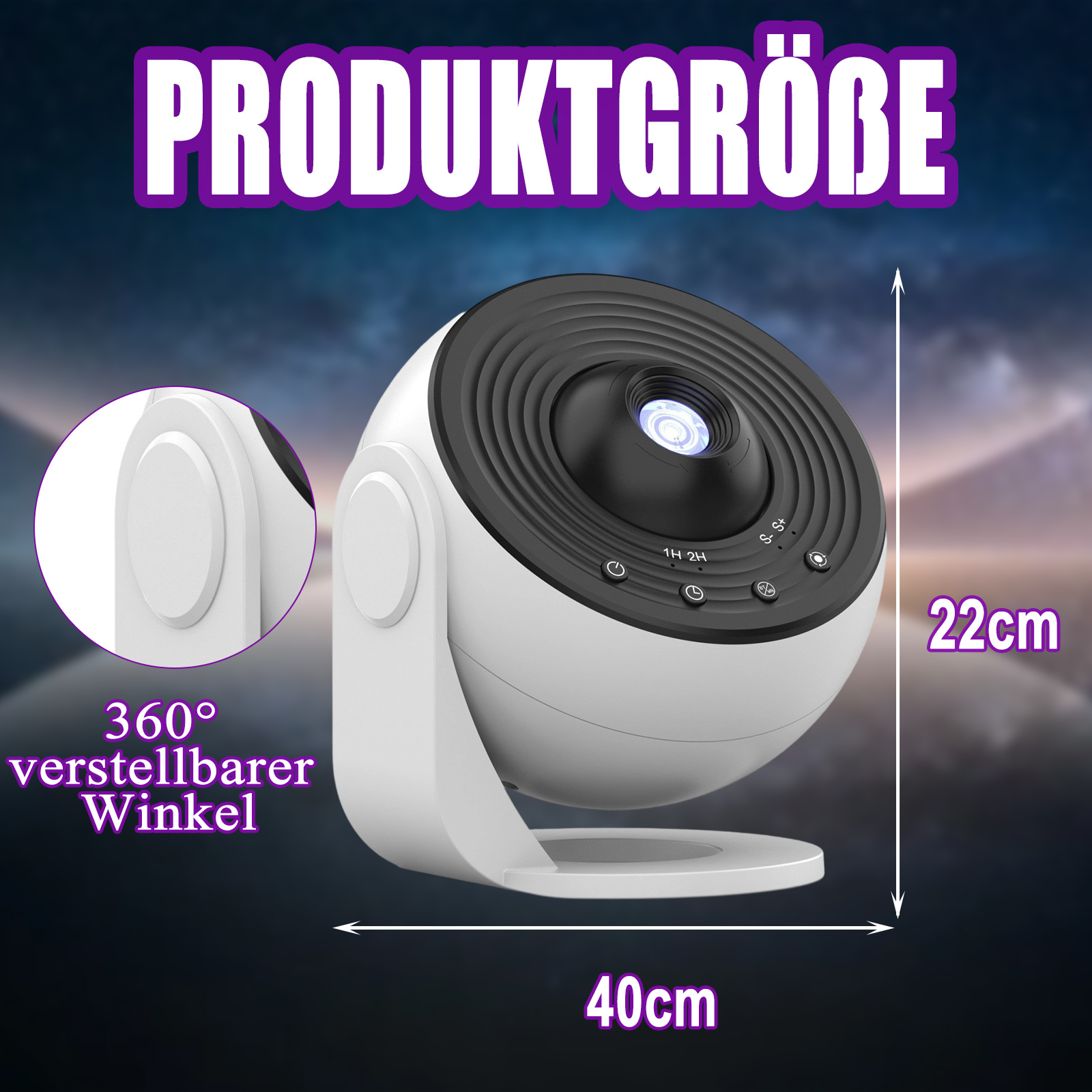 Ein weiß-schwarzer Projektor mit Abmessungen und dem Text '360° verstellbarer Winkel'.