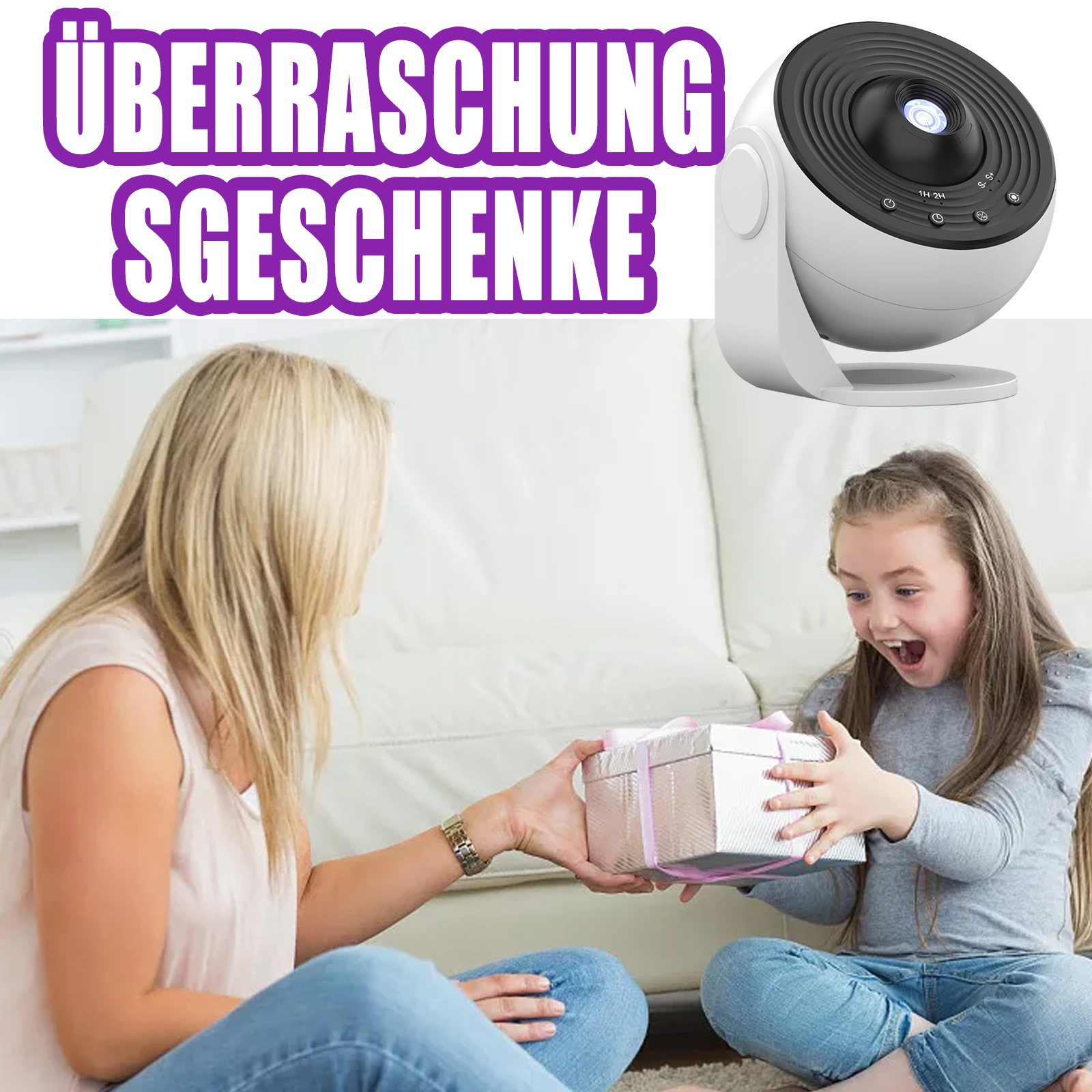 Eine Frau gibt einem Mädchen ein Geschenk. Der Text oben lautet auf Deutsch 'Überraschungsgeschenke'.
