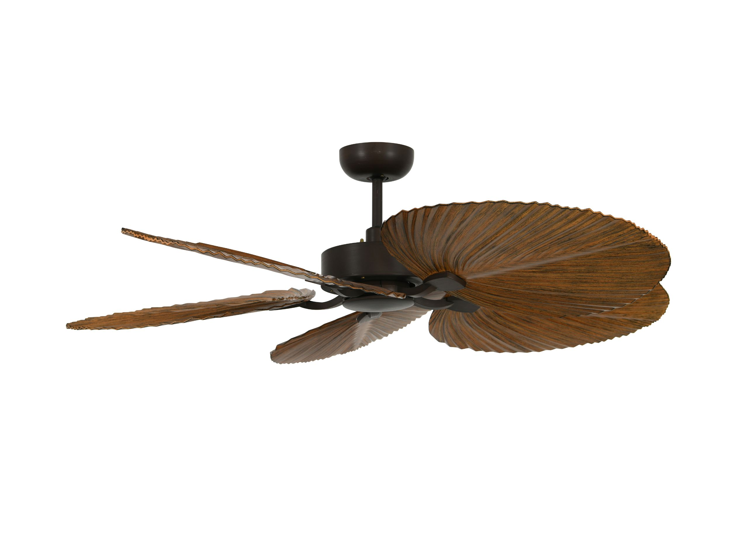 Ein dunkelbrauner Deckenventilator mit fünf großen, blattförmigen Flügeln auf einem weißen Hintergrund.