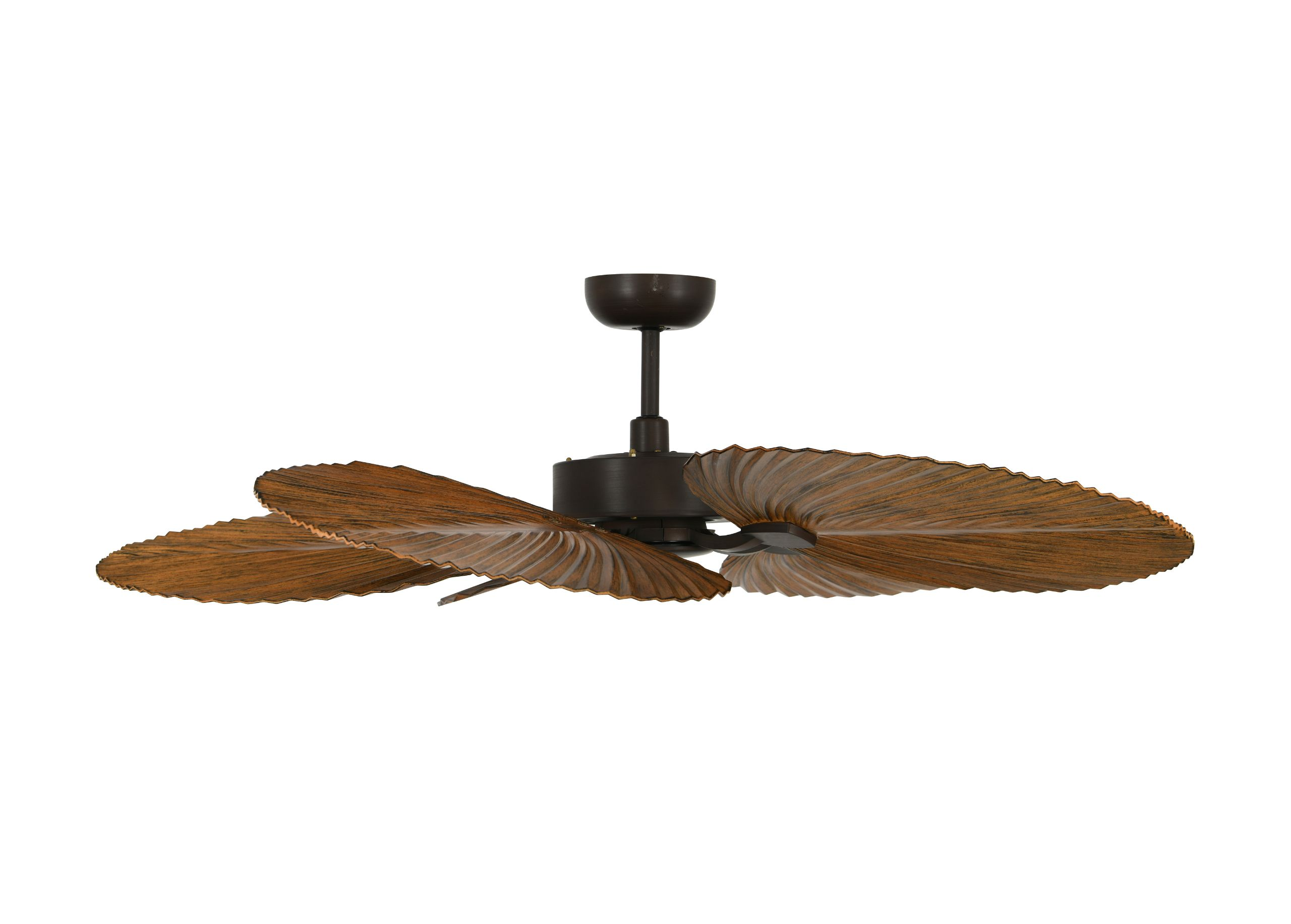 Ein Deckenventilator mit drei braunen, palmenblattförmigen Flügeln.