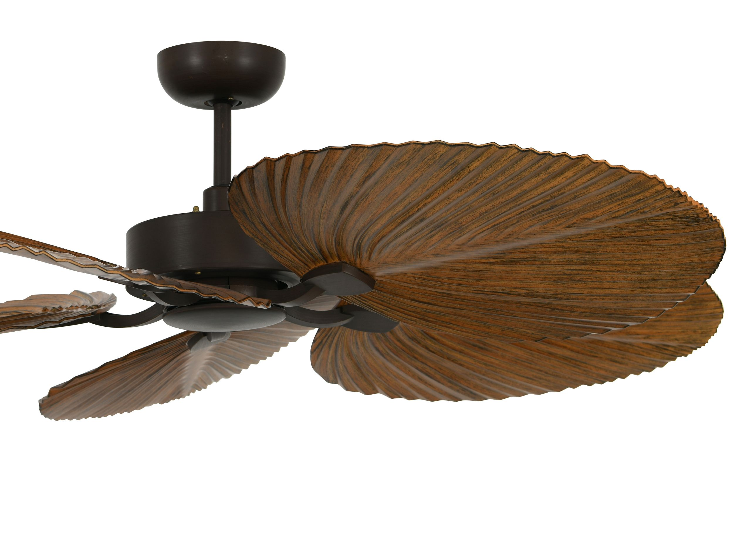 Ein dunkelbrauner Deckenventilator mit fünf großen, blattförmigen Flügeln auf einem weißen Hintergrund.